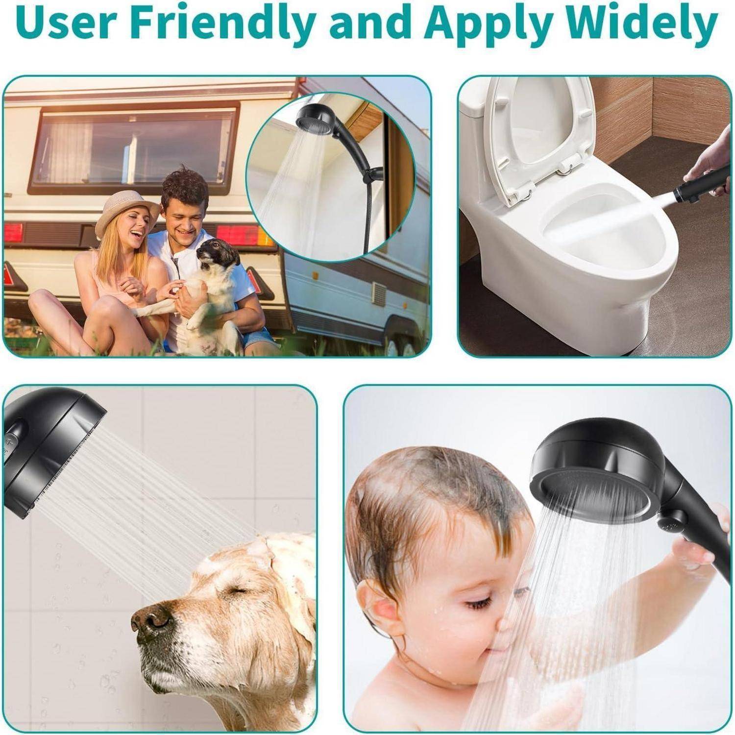 Das Bild zeigt vier Einsatzmöglichkeiten eines Handbrausekopfes: Camping mit der Familie, Reinigung einer Toilette, Waschen eines Hundes und das Baden eines Kindes.