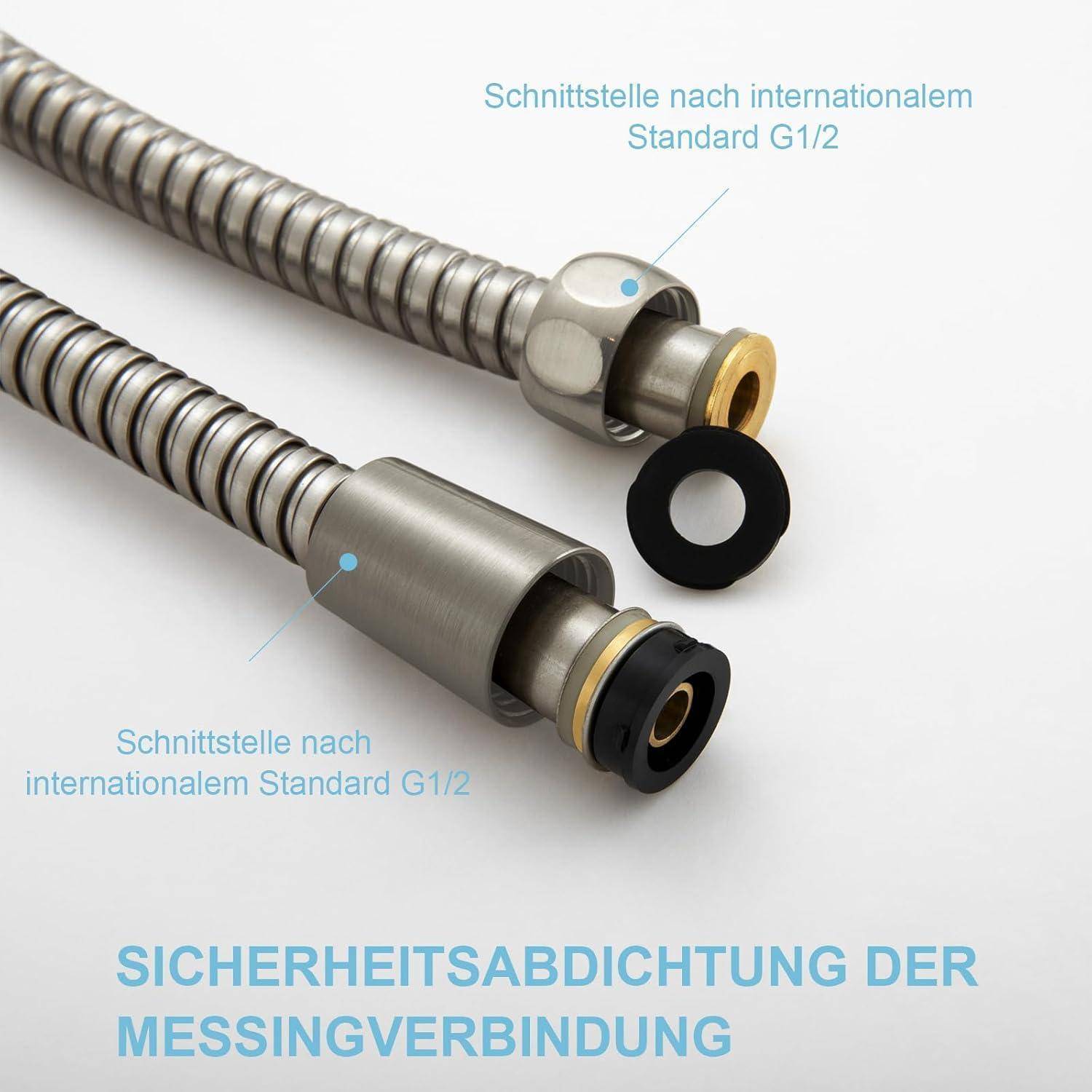 Zwei Metallschlauchverbinder, gekennzeichnet mit 'Schnittstelle nach internationalem Standard G1/2'. Text darunter liest sich 'Sicherheitsabdichtung der Messingverbindung'.