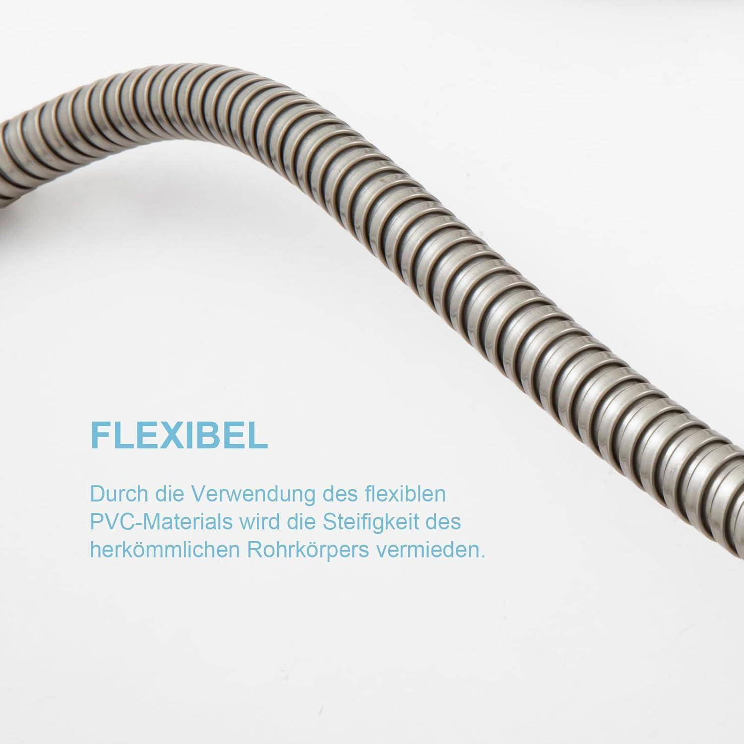 Ein flexibler Metallschutzschlauch wird gezeigt, der in deutschem Text als Mittel beschrieben wird, Steifheit im Vergleich zu traditionellen Rohren aufgrund seines PVC-Materials zu verhindern.