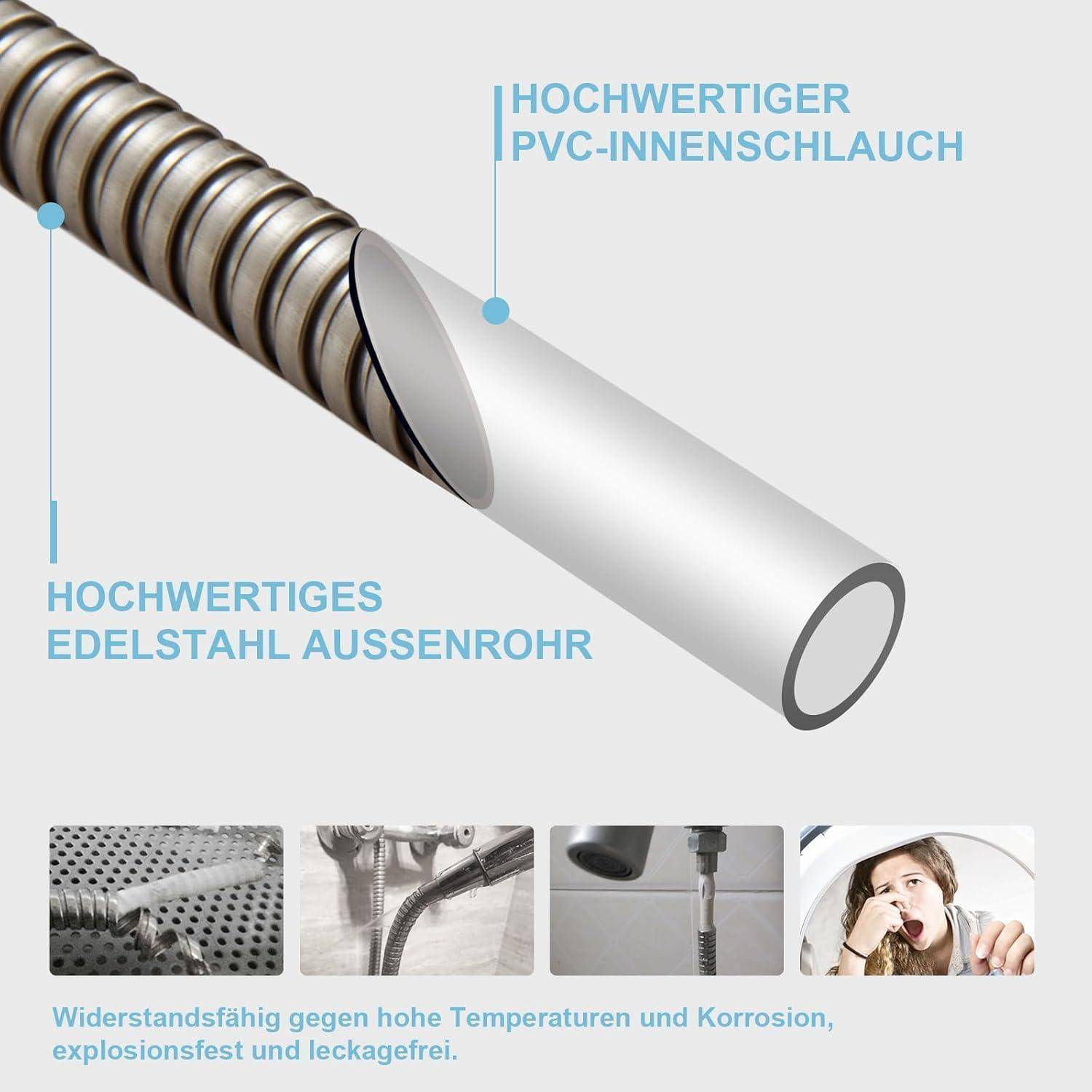 Querschnitt eines Schlauchs mit folgenden Schichten: 'Hochwertiger PVC-Innenschlauch' und 'Edelstahl Außenschlauch'. Text darunter hebt Temperaturbeständigkeit und leckagefreie Eigenschaften hervor.