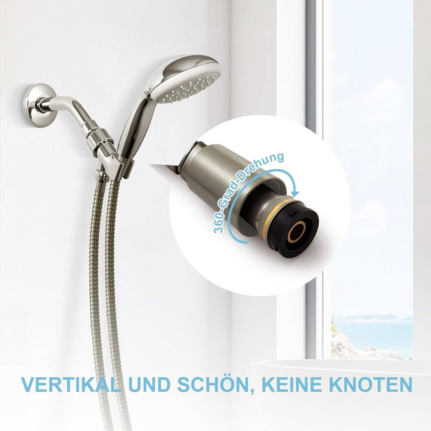 Duschkopf mit Schlauch neben einem Drehverbinder, mit der Beschriftung '360 Grad Drehung', der die Rotationsfähigkeit hervorhebt.