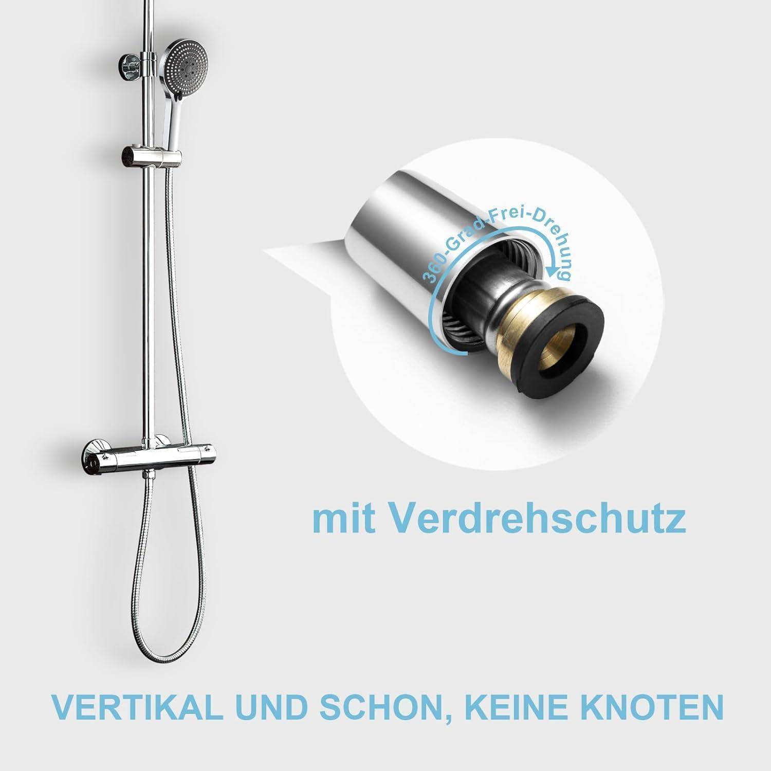Ein silberner Duschkopf mit angeschlossenem Schlauch ist zu sehen. Ein Detailbild hebt einen '360° Anti-Twist-Mechanismus' hervor. Text lautet: 'Vertikal und schön, keine Knoten'.