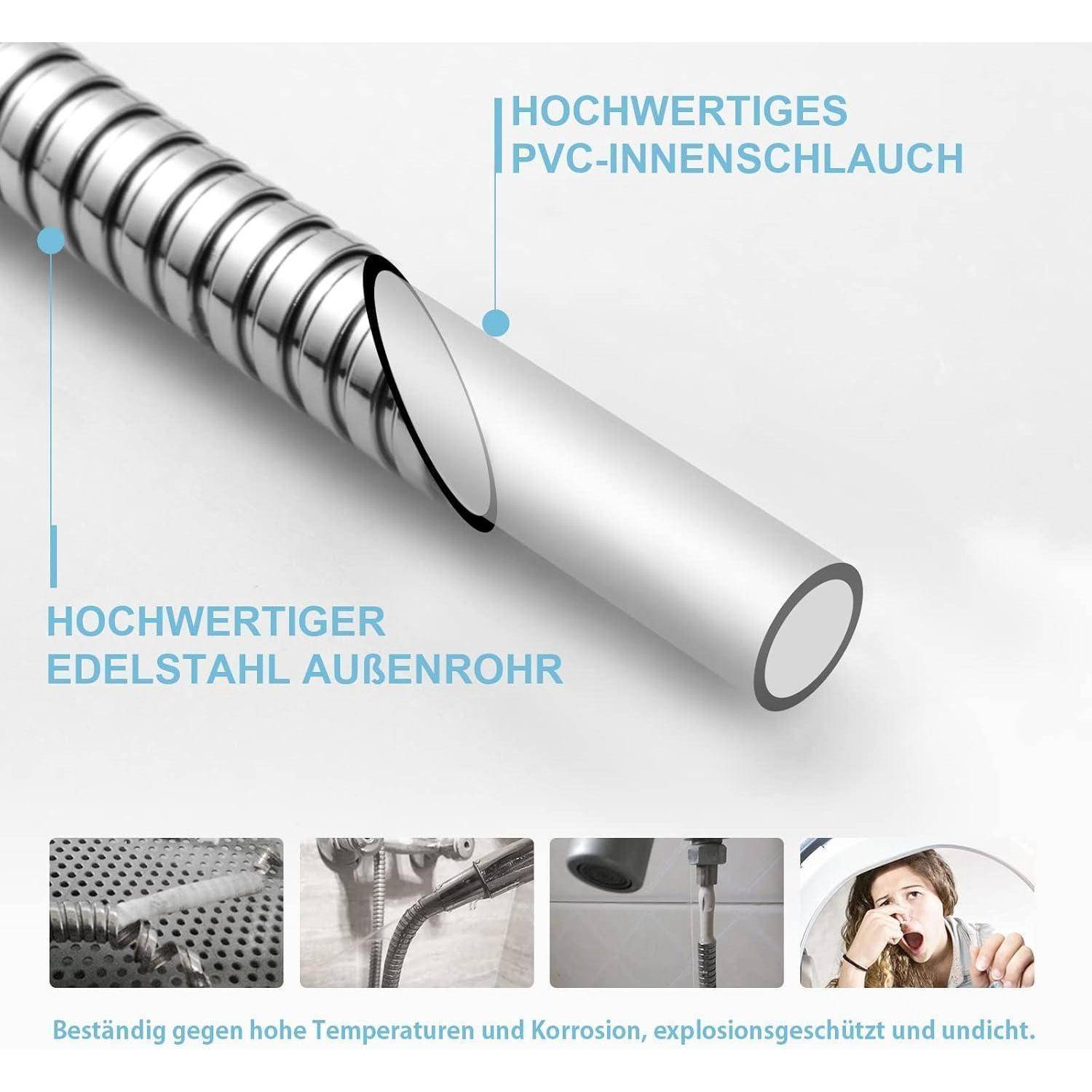 Querschnitt eines haltbaren, hochwertigen PVC-Innenschlauchs mit einer Außenröhre aus Edelstahl. Beständig gegen Temperatur und Korrosion.