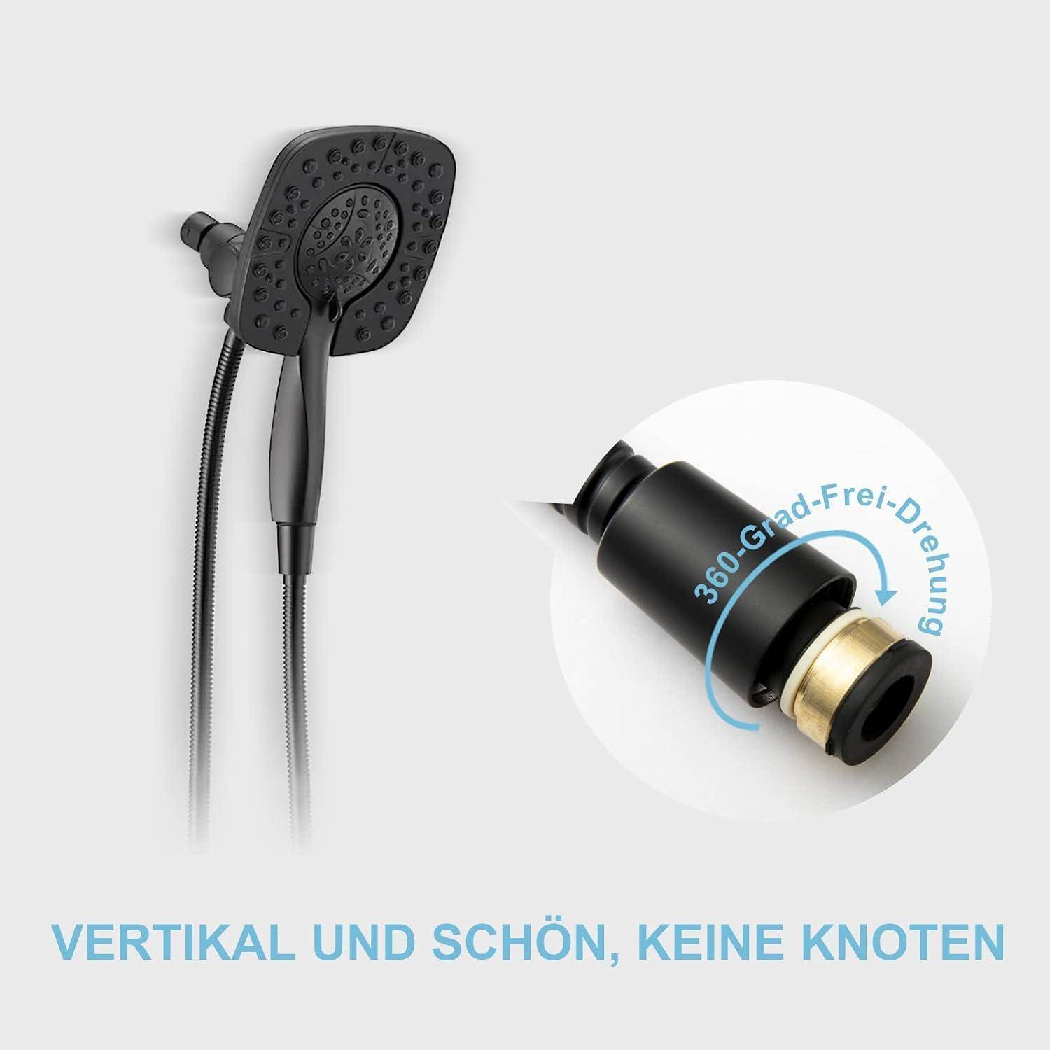 A dual shower head system with flexible hose detail. Text in German reads 'Vertikal und schön, keine Knoten' and '360 Grad-Frei-Drehung.