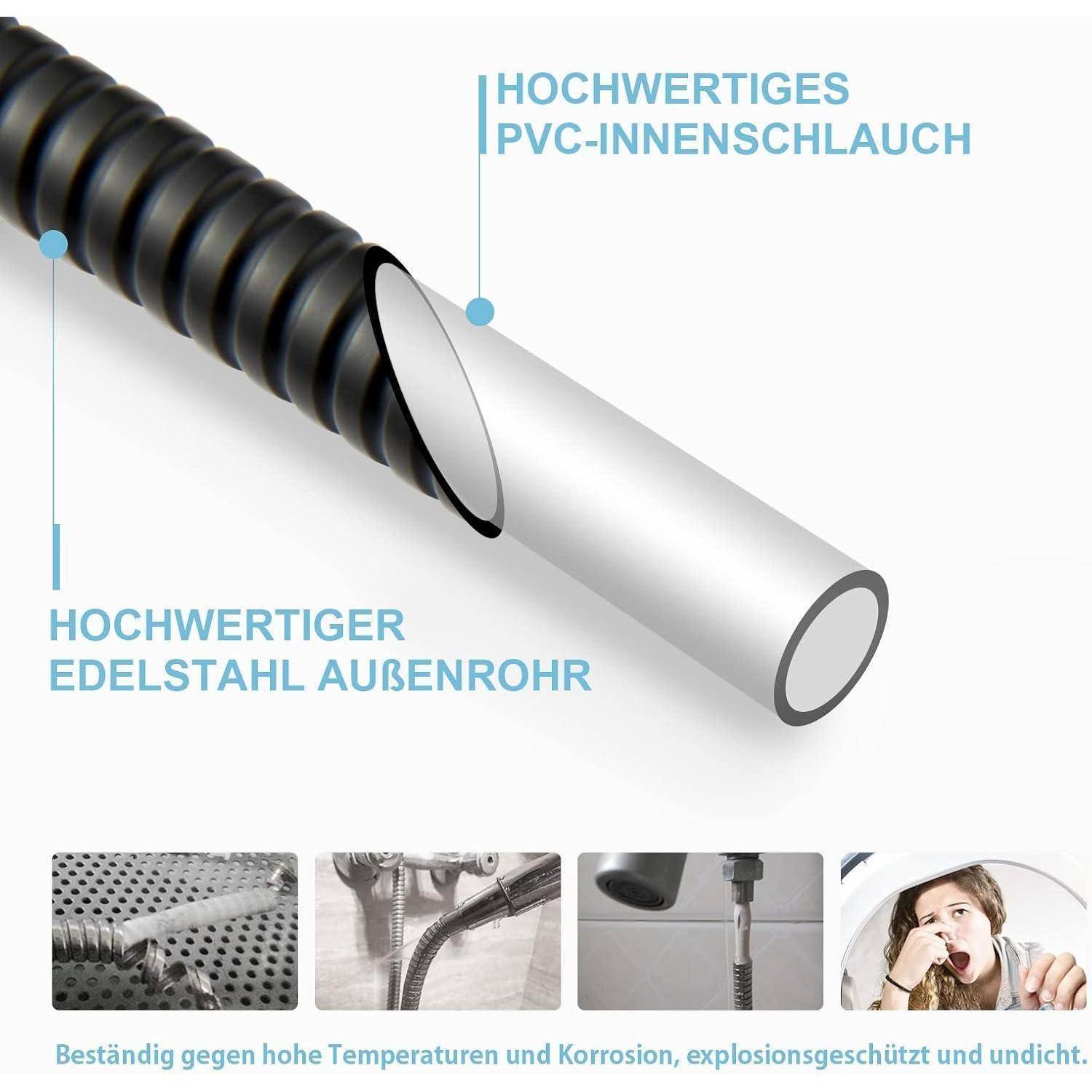 Querschnitt eines Schlauchs mit 'Hochwertiges PVC-Innenschlauch' und 'Hochwertiger Edelstahl Außenrohr' hervorgehoben. Bilder zeigen Haltbarkeit und Anwendung.