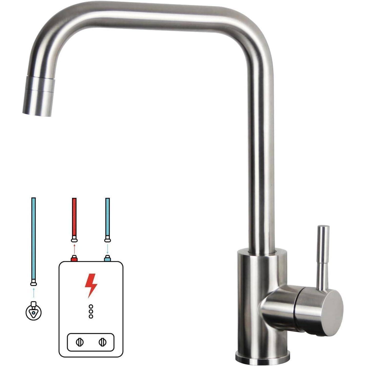 Edelstahl-Küchenarmatur mit einem seitlichen Hebel. Nebenstehende Grafik zeigt ein elektrisches Wasserheizungssystem mit gekennzeichneten Wasserleitungen.