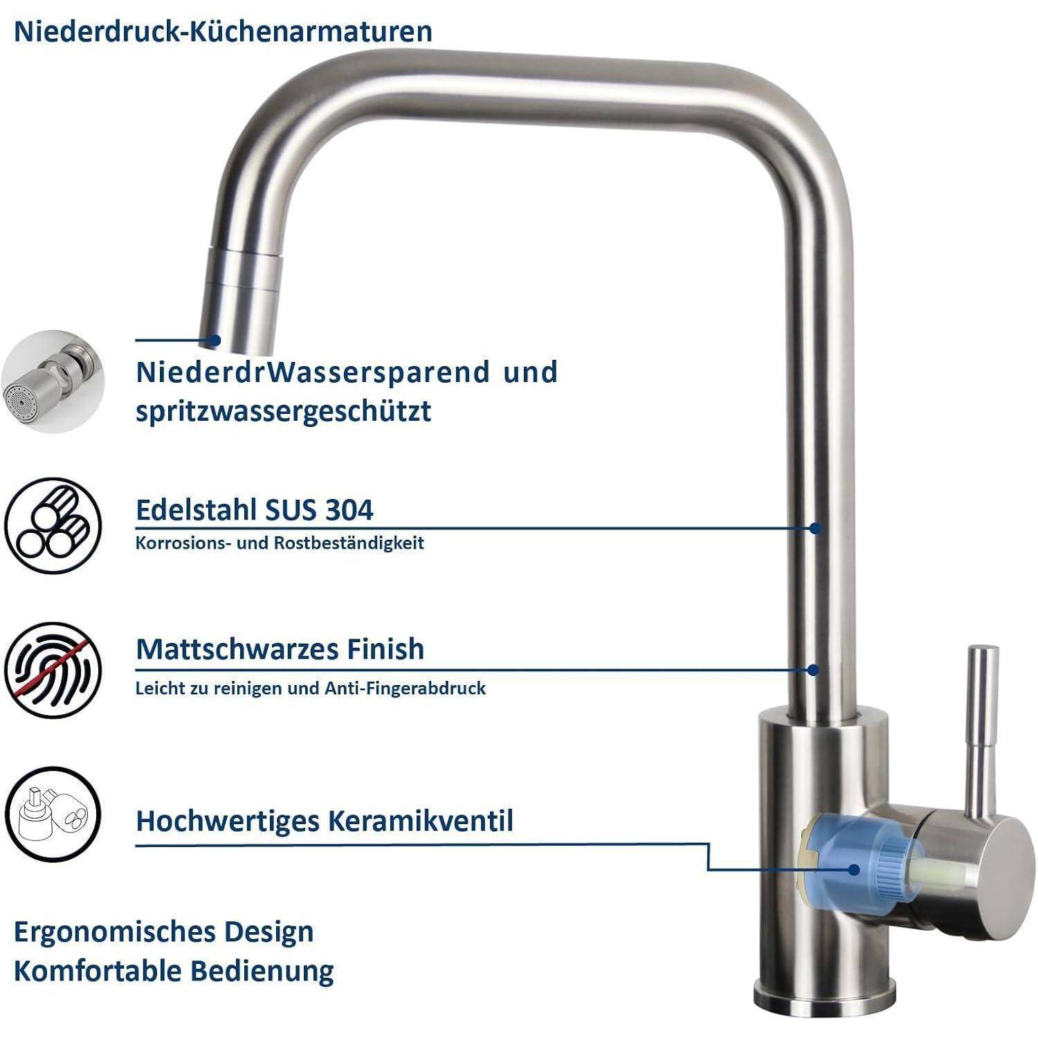 Ein Küchenarmatur aus Edelstahl mit geringem Wasserdruck, Keramikventil und ergonomischem Griff. Etiketten heben Schlüsselmerkmale wie Spritzschutz hervor.
