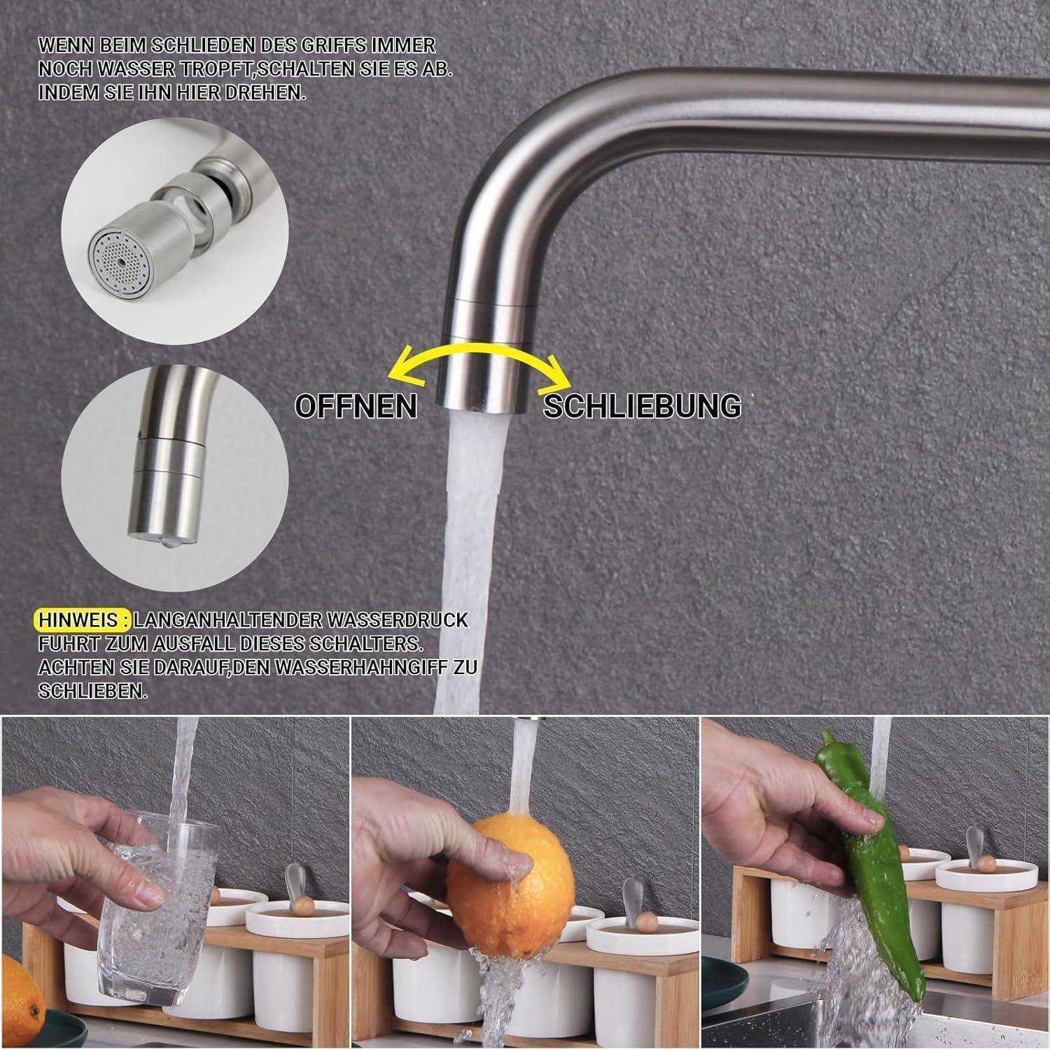 Ein Küchenarmatur mit beschrifteten Anweisungen auf Deutsch zeigt die Wasserflusssteuerung. Die folgende Sequenz veranschaulicht die Nutzung des Wasserhahns zum Waschen eines Apfels, einer Gurke und zum Füllen eines Glases.
