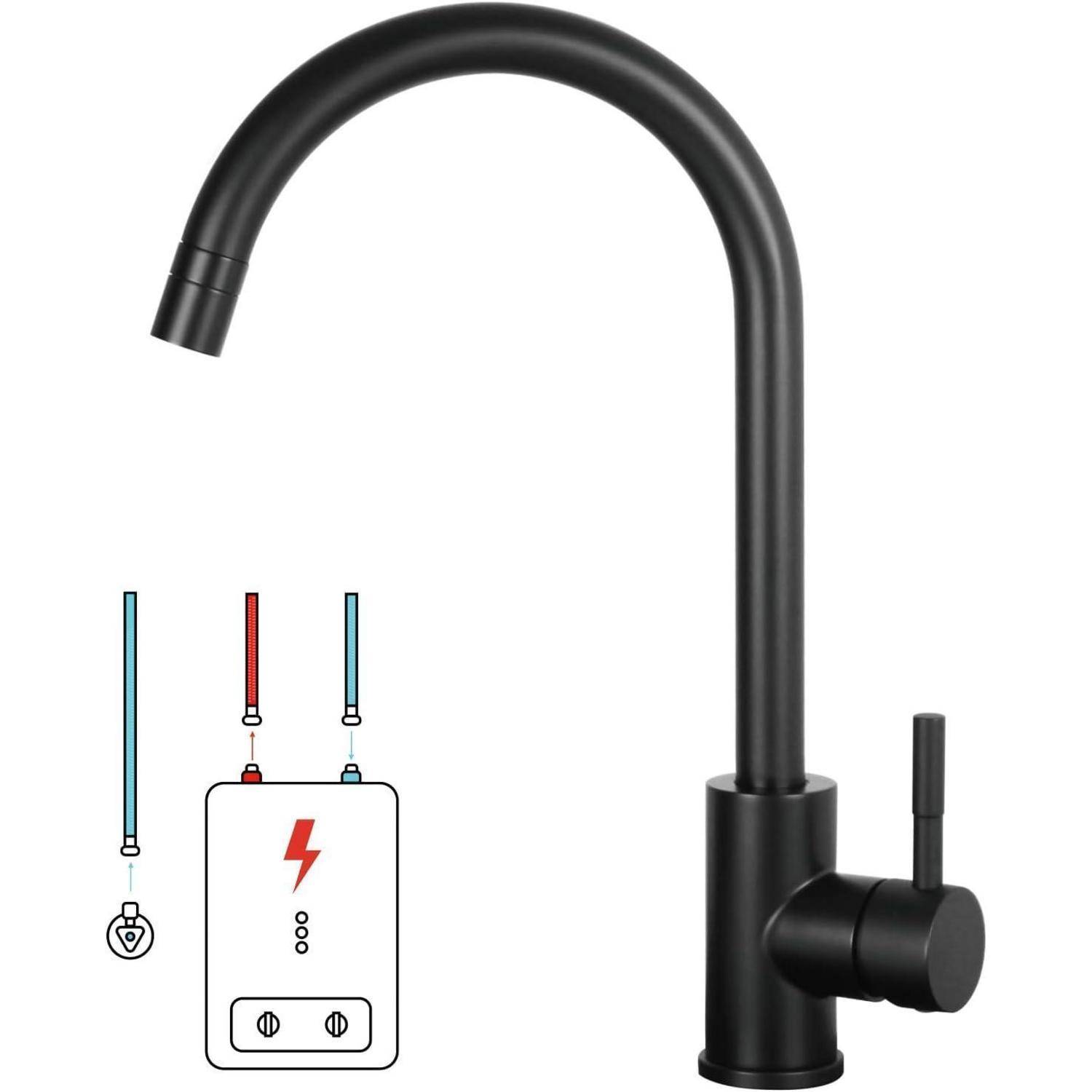 Ein schwarzer Wasserhahn für die Küche mit einem Einhebelgriff ist zu sehen. Links daneben zeigt eine Illustration die Installation eines Warmwasserbereiters mit Kalt- und Warmwasseranschlüssen.