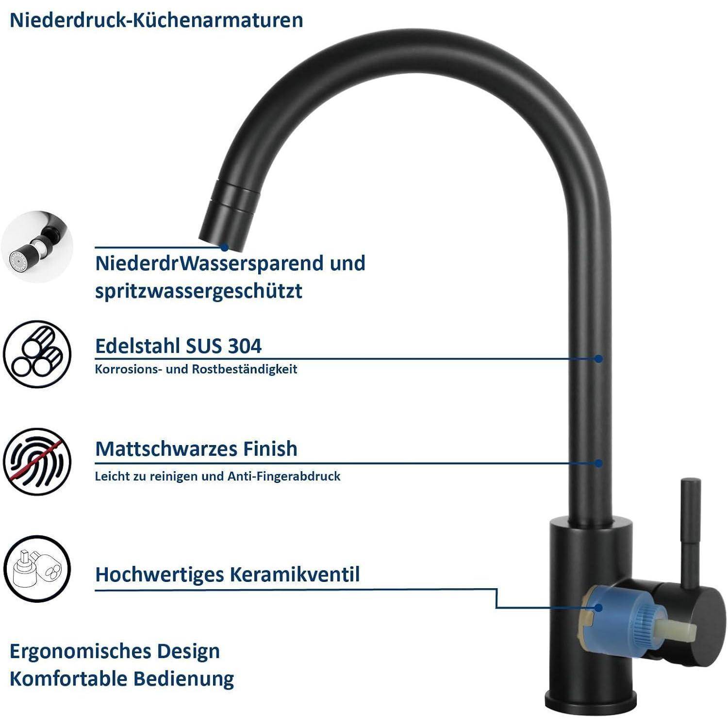 Mattschwarze Niederdruck-Küchenarmatur mit ergonomischem Design, hergestellt aus SUS-304-Edelstahl mit Keramikventil.