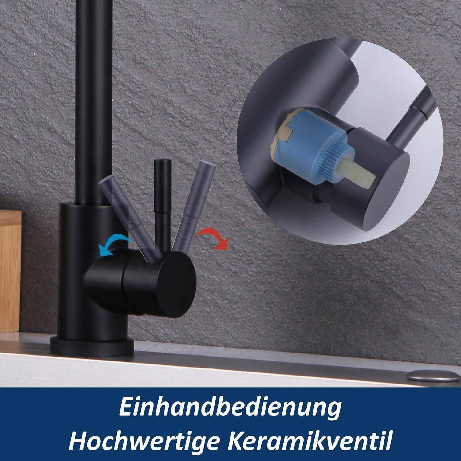 Ein schwarzer Einhebelwasserhahn mit einer Einblendung, die ein hochwertiges Keramikventil zeigt. Deutscher Text lautet: 'Einhandbedienung Hochwertige Keramikventil'.