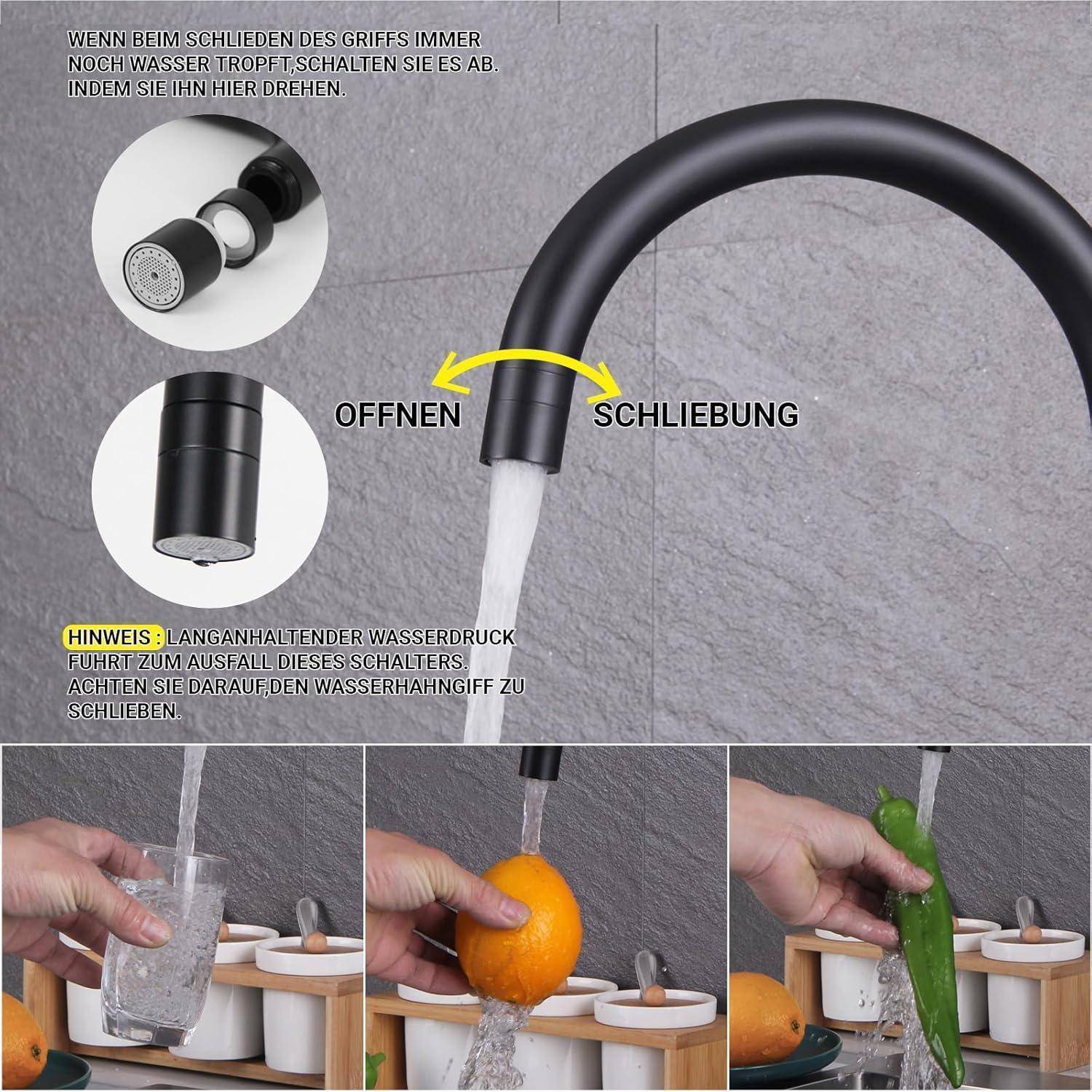 Ein schwarzer Wasserhahn mit fließendem Wasser, beschriftet mit Öffnungs- und Schließanweisungen. Wasserstrahlen werden gezeigt, während sie eine Hand, eine Orange und eine Gurke abspülen.