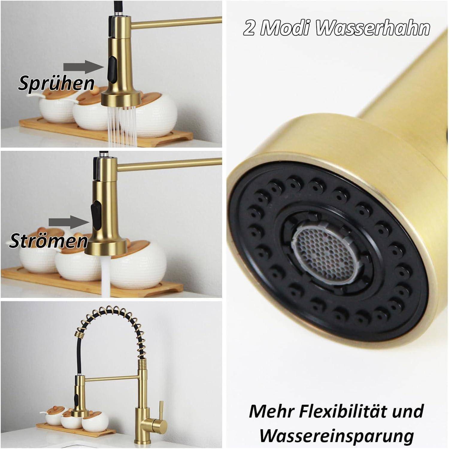 Goldene Küchen-Wasserhahn mit Sprüh- und Strahlmodus für Flexibilität und Wassereinsparung, dargestellt in zwei Anwendungen: Sprühen und Streamen von Wasser.