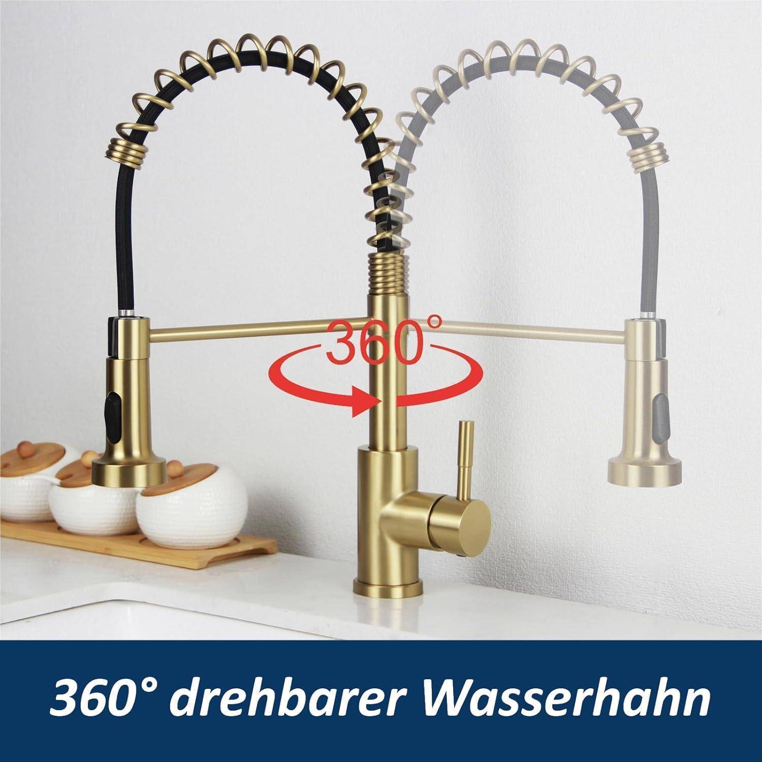 Ein Küchenarmatur in Gold mit flexiblem, federartigem Hals und doppelten Auslaufstellen. Text lautet: '360° drehbarer Wasserhahn