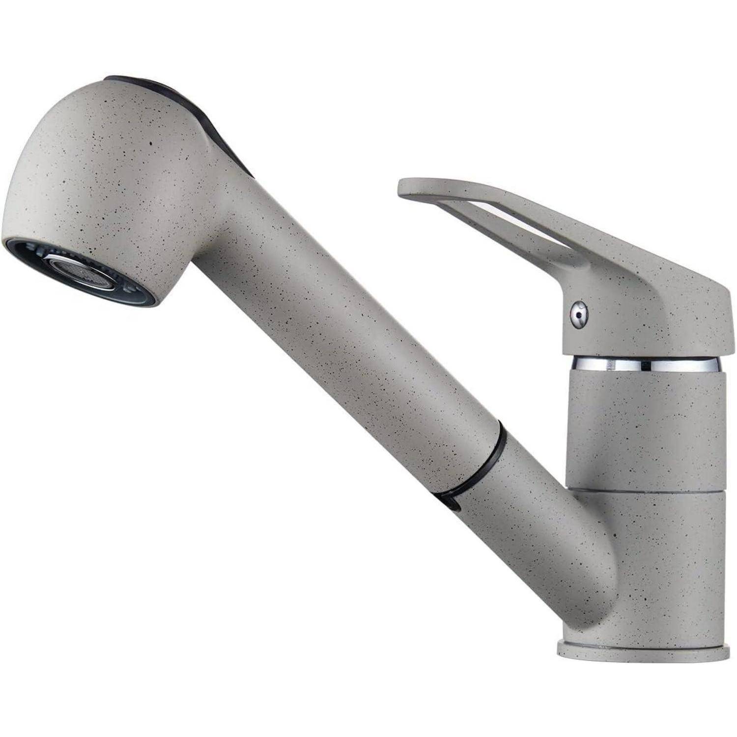 Ein moderner, grauer Küchenarmatur mit geschwungenem Auslauf und ergonomischem Griff, konzipiert für Funktionalität und Stil.