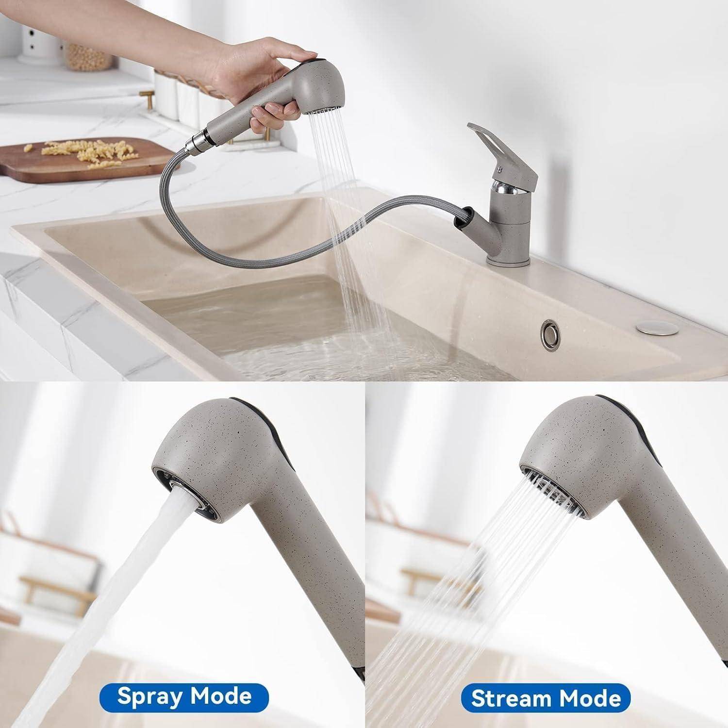 Ein Küchenarmatur verfügt über eine herausziehbare Brause. Das obere Bild zeigt sie in Gebrauch; die unteren Bilder zeigen die Wasseroptionen im "Brausemodus"" und ""Strahlmodus"".