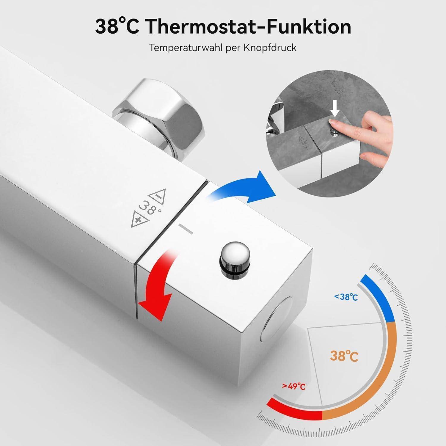 Duschthermostatssteuerung mit einer hervorgehobenen 38°C-Einstellung. Zeigt Pfeile zur Temperaturanpassung und betont die Sicherheit gegen Temperaturen über 49°C.