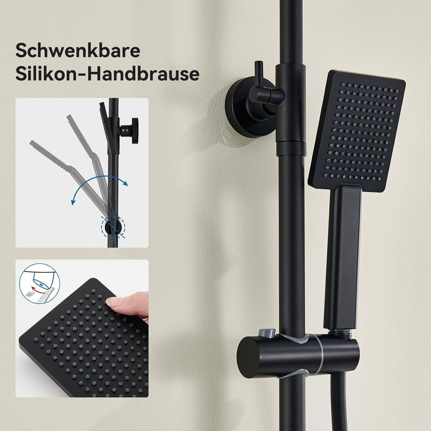 Eine wandmontierte, schwarze Silikon-Handbrause mit verstellbarem Winkel. Einblendungen zeigen den flexiblen Kopf und eine Nahaufnahme der Brauseteller. Text lautet 'Schwenkbare Silikon-Handbrause'.