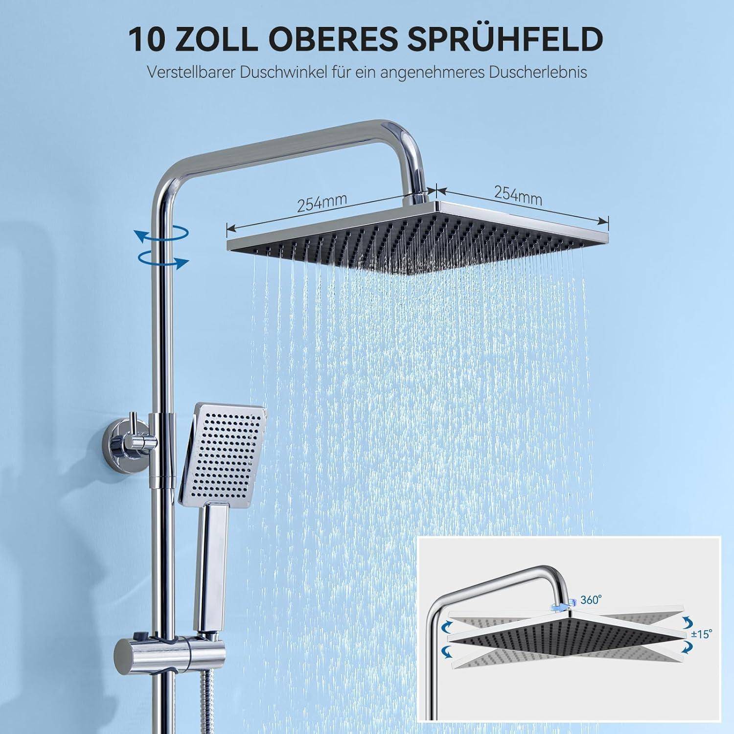 Ein Duschsystem mit einer Deckenbrause und einer Handbrause. Deckenduschen-Abmessungen: 10 Zoll, verstellbarer Sprühwinkel. Text lautet '10 Zoll Oberes Sprühfeld'.