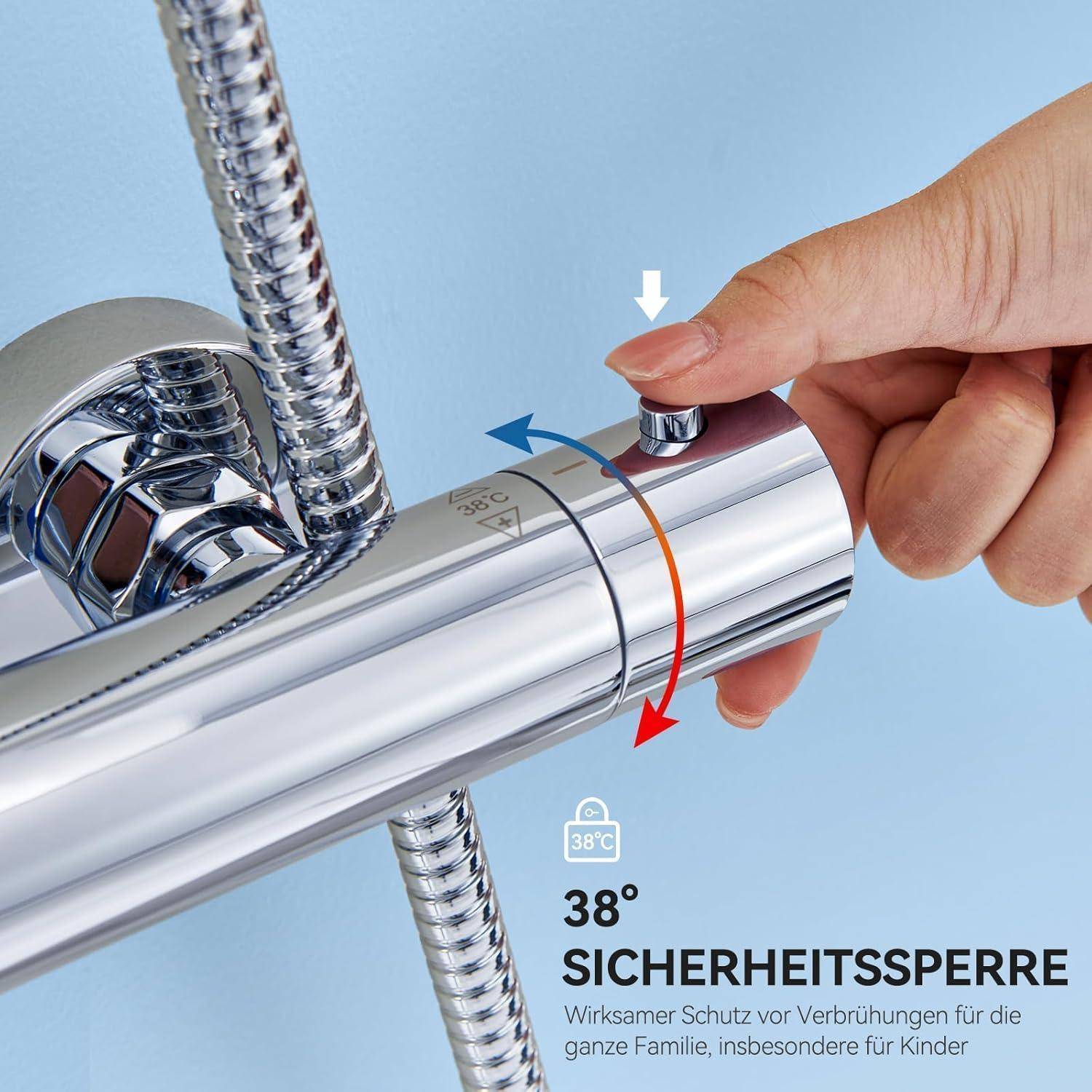 Hand, die den Duschtemperaturregler auf '38°C' einstellt und dabei eine Kindersicherungsfunktion mit Sperrmechanismus hervorhebt.