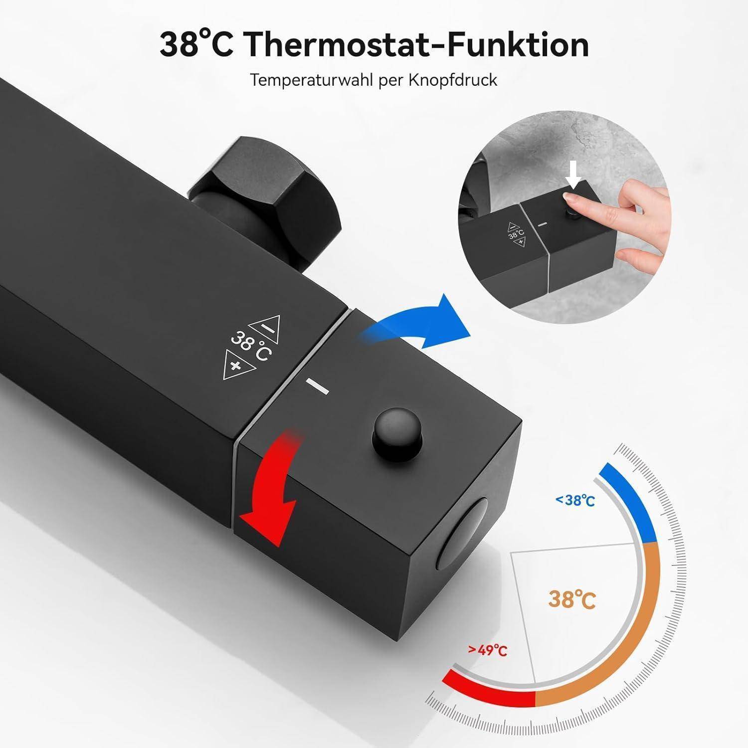 38°C Thermostat-Funktion' über einem schwarzen Thermostatgerät. Eine Hand justiert den Knopf; ein kreisförmiges Diagramm zeigt Temperatureinstellungen - blau für kühler, rot für wärmer.