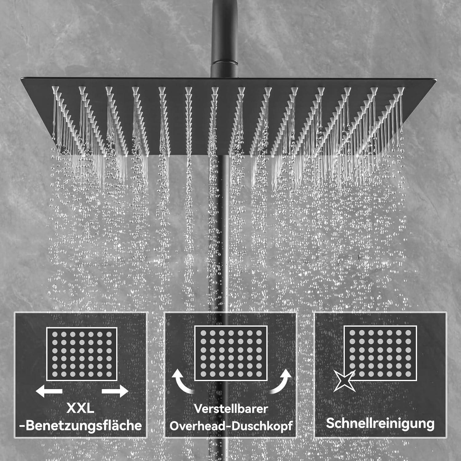 Großer Duschkopf, der Wasserströme vertikal ausgibt, mit Beschriftungen der Merkmale: 'XXL Benetzungsfläche', 'Verstellbarer Überkopf-Duschkopf', 'Schnelle Reinigung'.