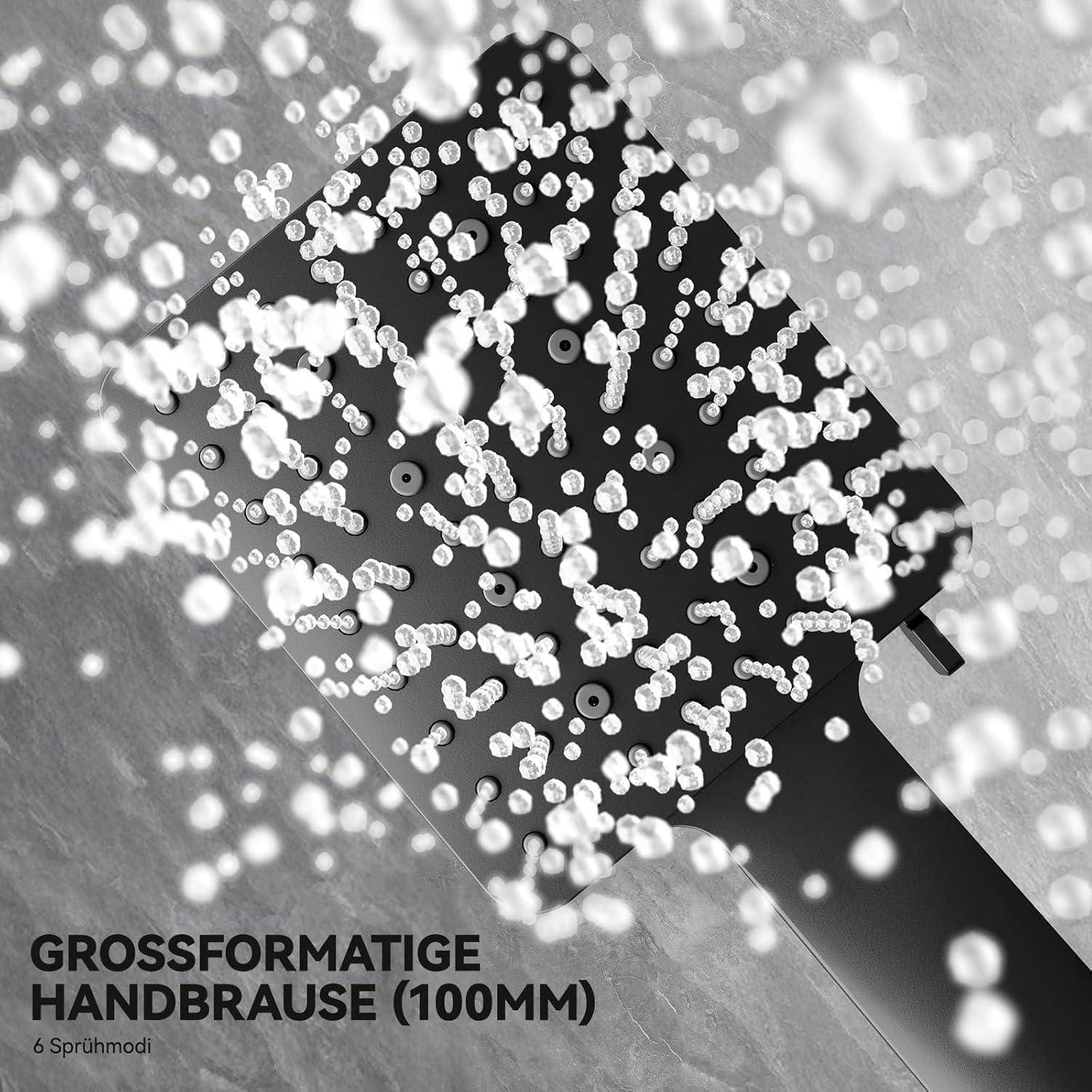 Eine große Handbrause, die Wassertropfen ausströmt, mit dem Text 'GROSSFORMATIGE HANDBRAUSE (100MM)' und '6 Sprühmodi' in der Ecke.