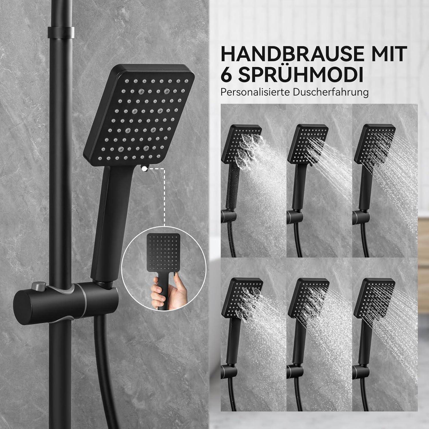 Eine schwarze Duschbrause mit sechs Sprühmodi wird gezeigt, einschließlich Nebel- und Massageoptionen. Der Text auf Deutsch bewirbt anpassungsfähige Duschererlebnisse.