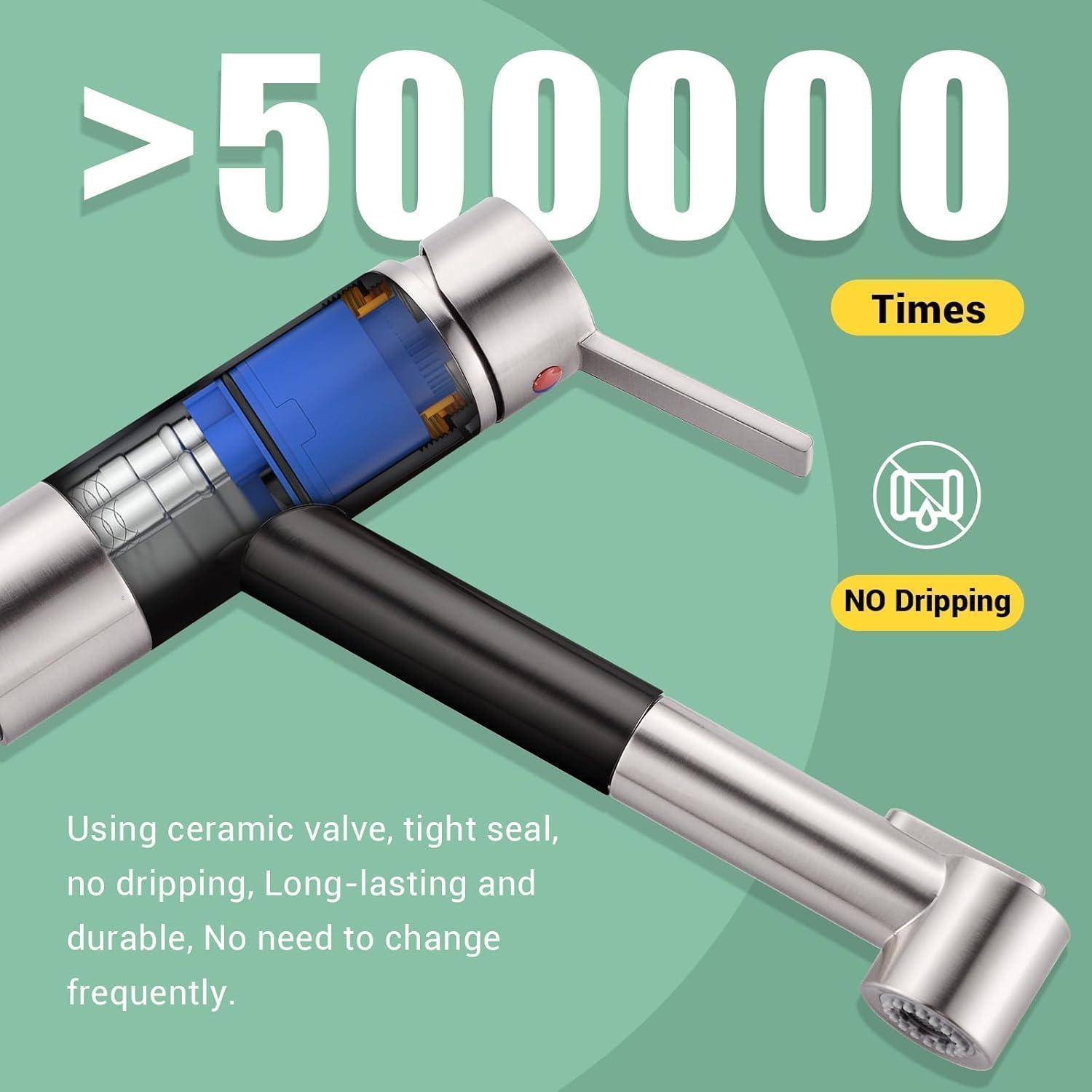 Wasserhahn-Haltbarkeit: über 500.000 Mal getestet, ohne Tropfen. Ausgestattet mit einem Keramikventil, das einen dichten Verschluss und langanhaltende Leistung gewährleistet.