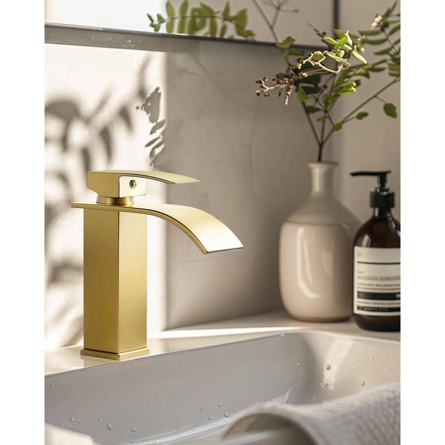 Waschtischarmatur Wasserfall Einhandmischer Messing Gebürstetes Gold