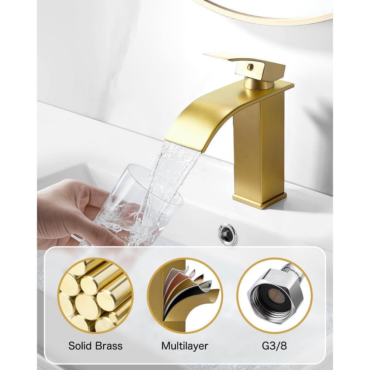 Waschtischarmatur Wasserfall Einhandmischer Messing Gebürstetes Gold