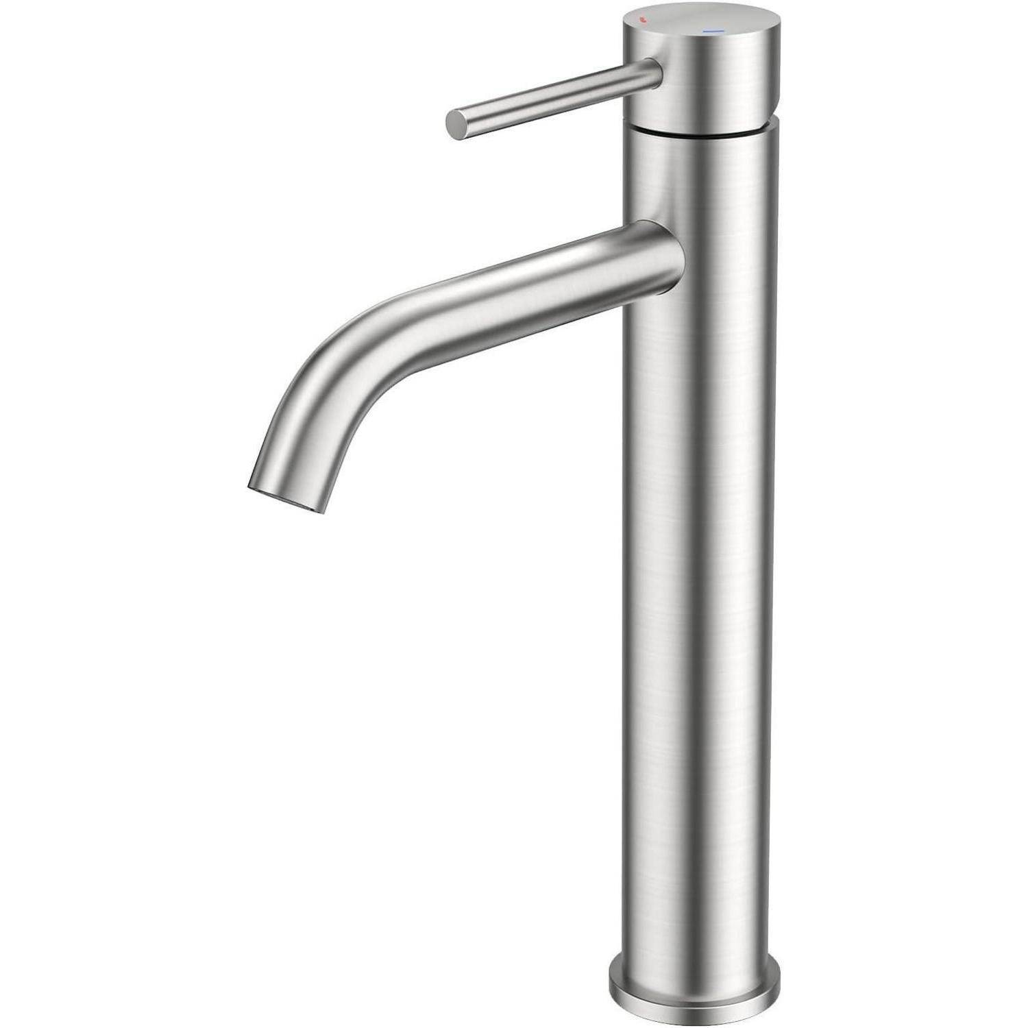 Ein schlanker, moderner Wasserhahn aus Edelstahl mit einem zylindrischen Körper und einem einzelnen Griff, geeignet für zeitgemäße Badezimmer- oder Küchengestaltung.