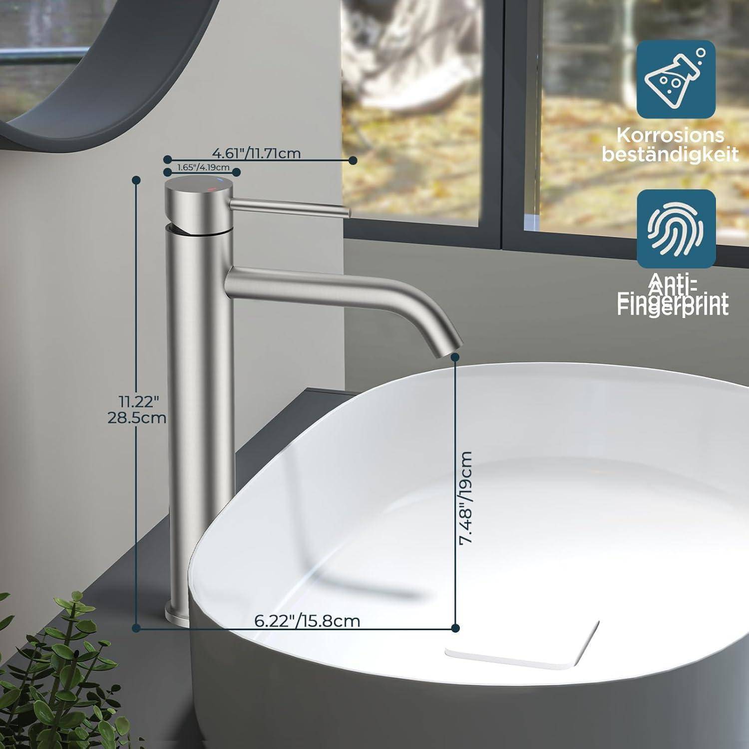 Ein moderner Badezimmer-Wasserhahn mit Maßen: Höhe 11,22 Zoll (28,5 cm), Auslauf 6,22 Zoll (15,8 cm), Tiefe 4,61 Zoll (11,7 cm). Mit Eigenschaften wie Fingerabdruckschutz und Korrosionsbeständigkeit.