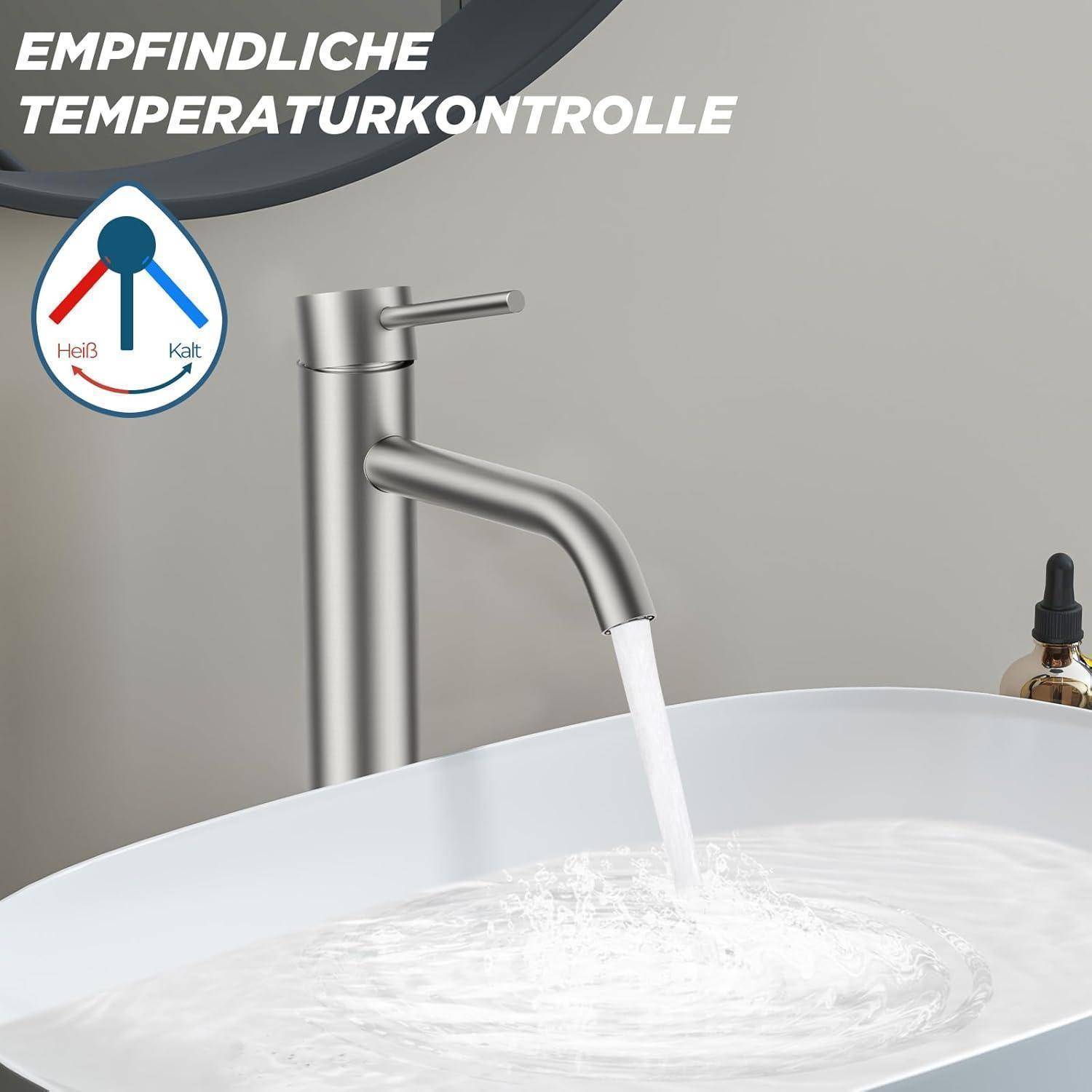 Empfindliche Temperaturkontrolle' mit Symbol einer Wassertemperaturskala. Ein moderner Wasserhahn, der Wasser in ein Waschbecken gießt.