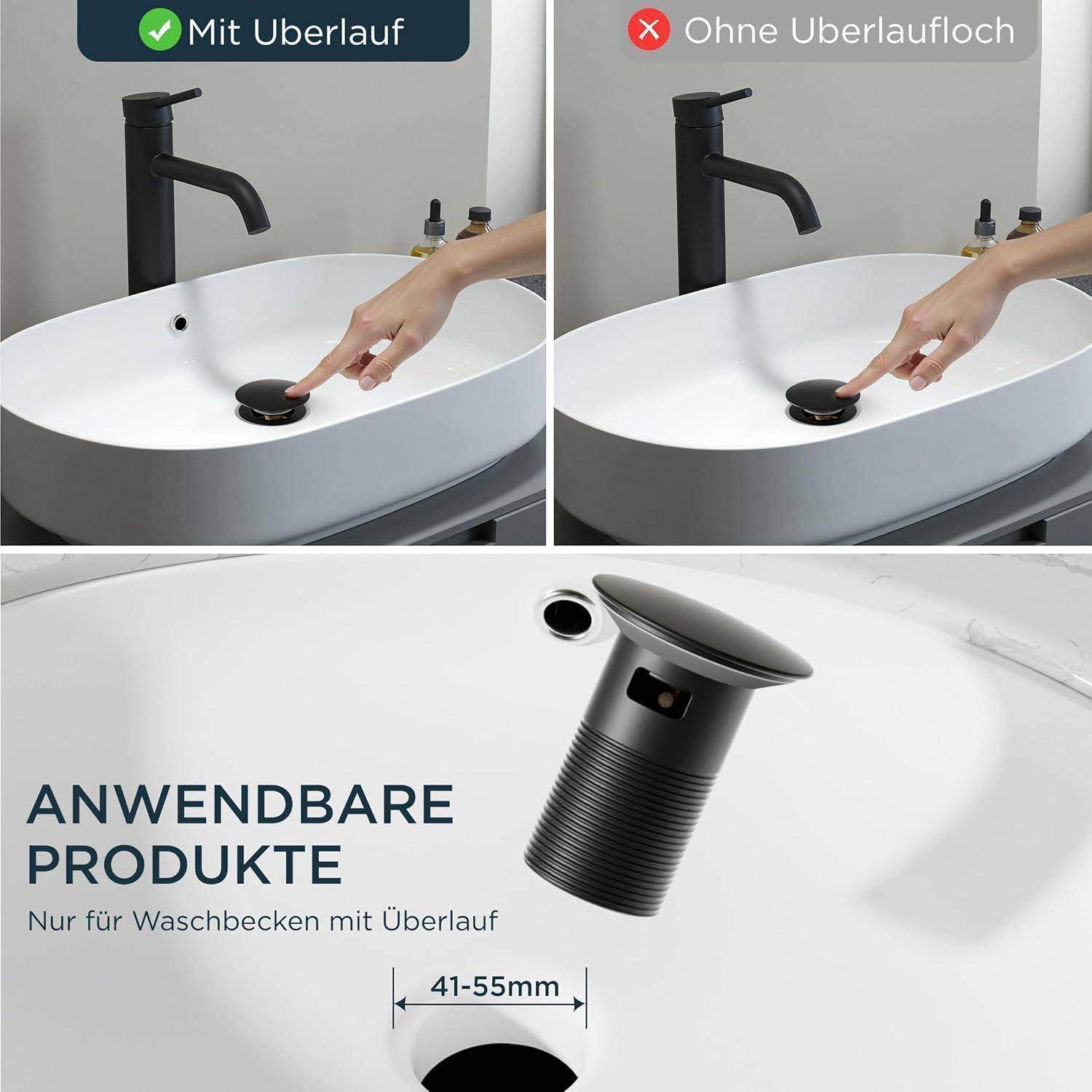 Links: 'Mit Überlauf' mit Überlaufbohrung. Rechts: 'Ohne Überlauf' ohne Überlaufbohrung. Detaillierte Darstellung eines kreisrunden Abflusseinsatzes unten.