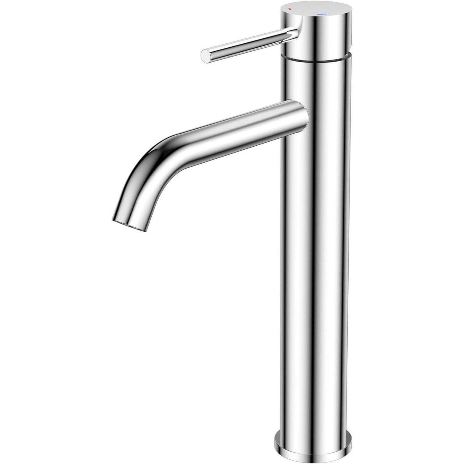 Ein schlanker, hoher Wasserhahn in Silber mit zylindrischer Basis und einem einzelnen Hebelgriff, konzipiert für moderne Badezimmerwaschbecken.