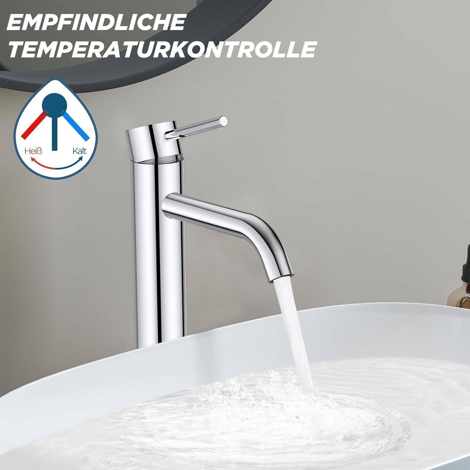 Eine Chromarmatur gießt Wasser in ein weißes Becken und zeigt die 'Empfindliche Temperaturkontrolle' mit einem Symbol für Warm- und Kaltwasser.