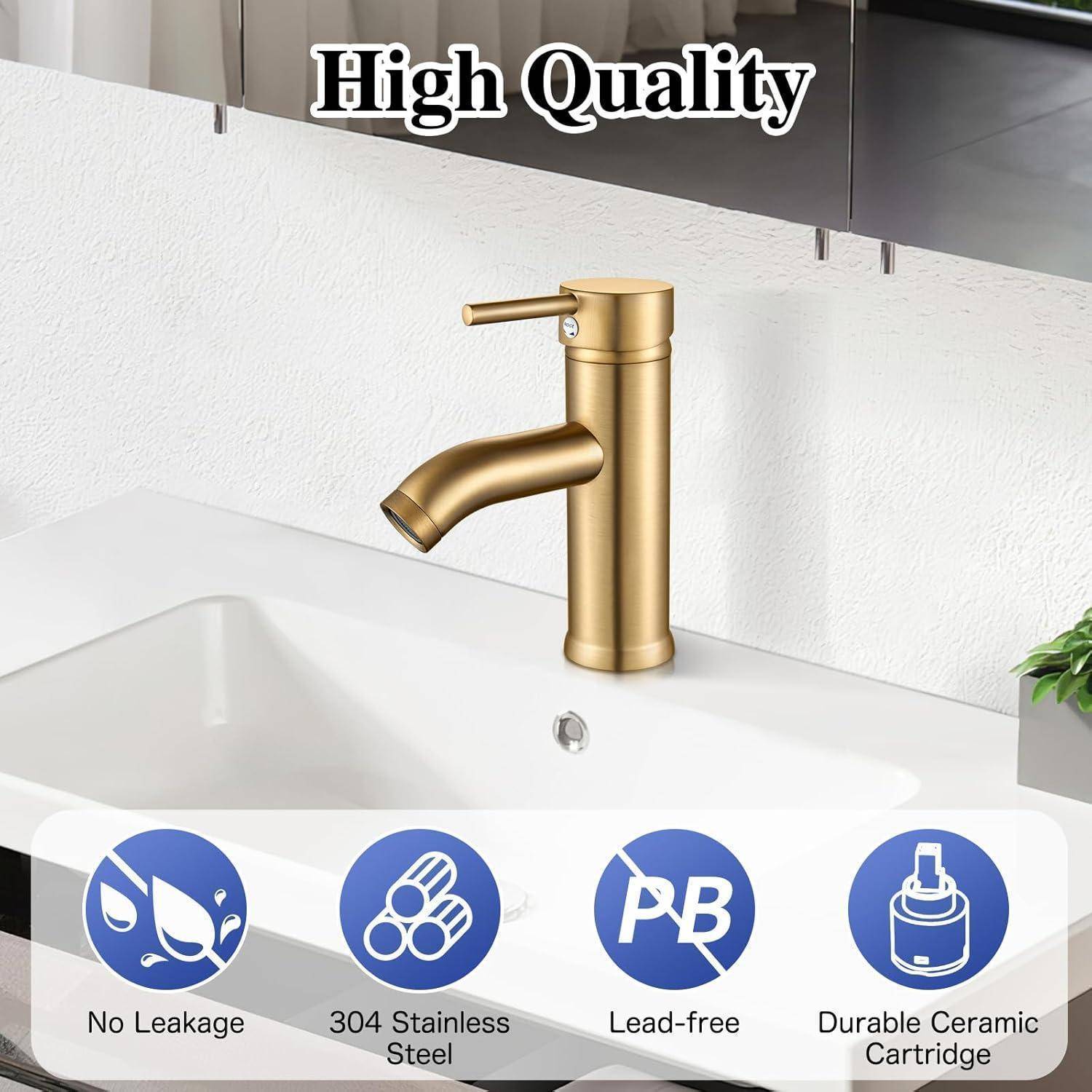 Ein Wasserhahn aus Gold, montiert auf einem weißen Waschbecken mit dem Text 'Hohe Qualität'; Merkmale umfassen keine Leckage, 304 Edelstahl, bleifrei, strapazierfähige Keramikkartusche.