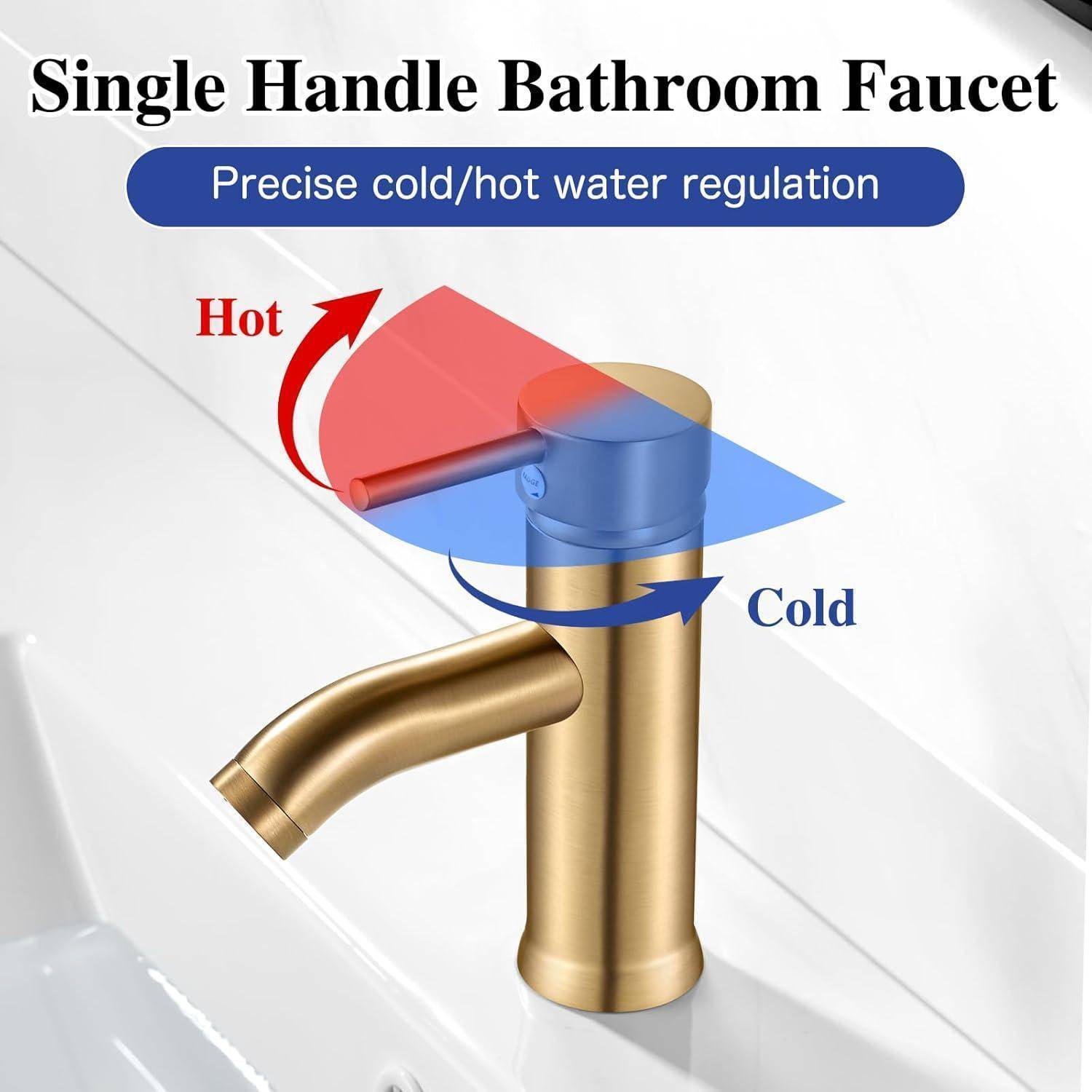Ein goldener Badezimmer-Wasserhahn mit einem einzelnen Hebel zeigt blaue und rote Pfeile zur Anzeige der Kalt- und Warmwasserregulierung. Text lautet: 