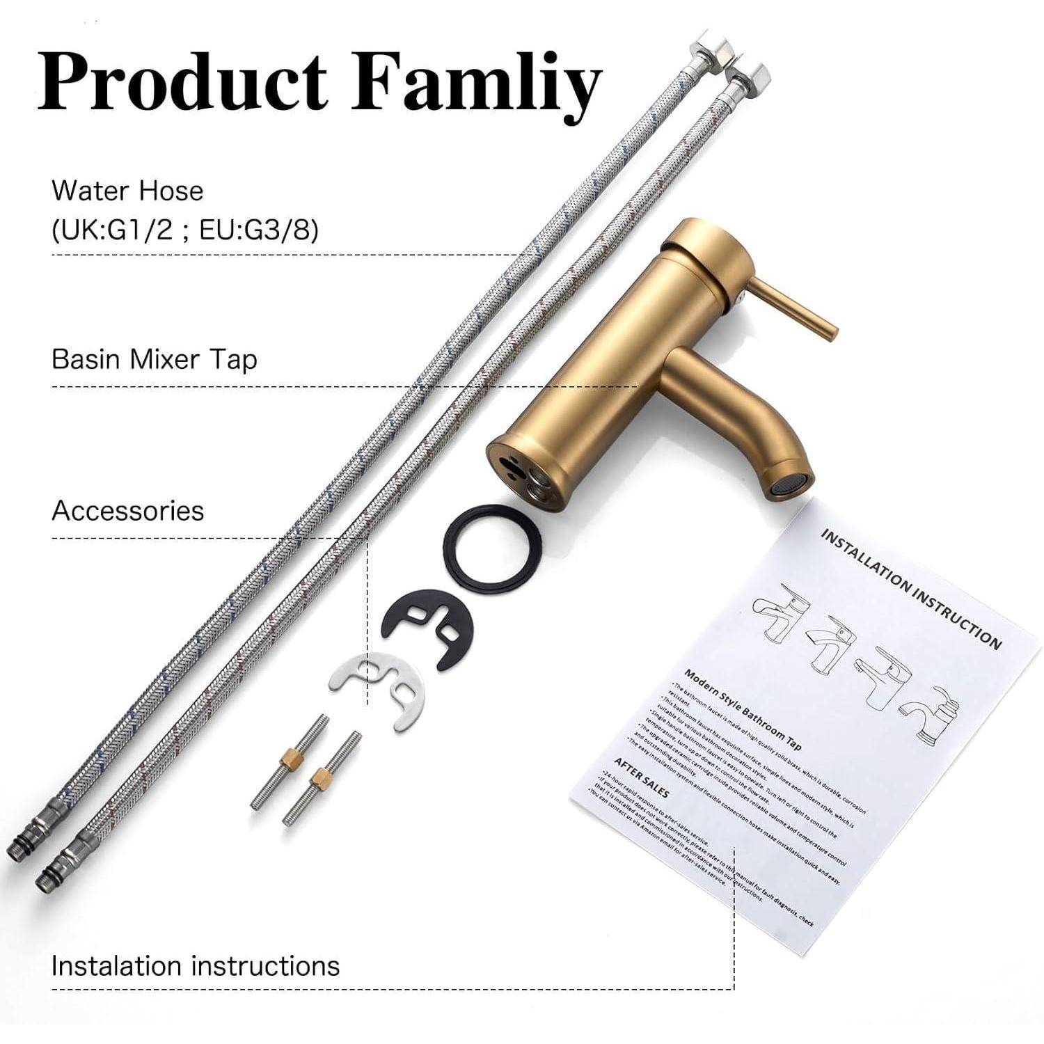 Produktfamilie': Umfasst Wasserschlauch, Waschtischarmatur und Zubehör. Installationsanweisungen ebenfalls dargestellt.