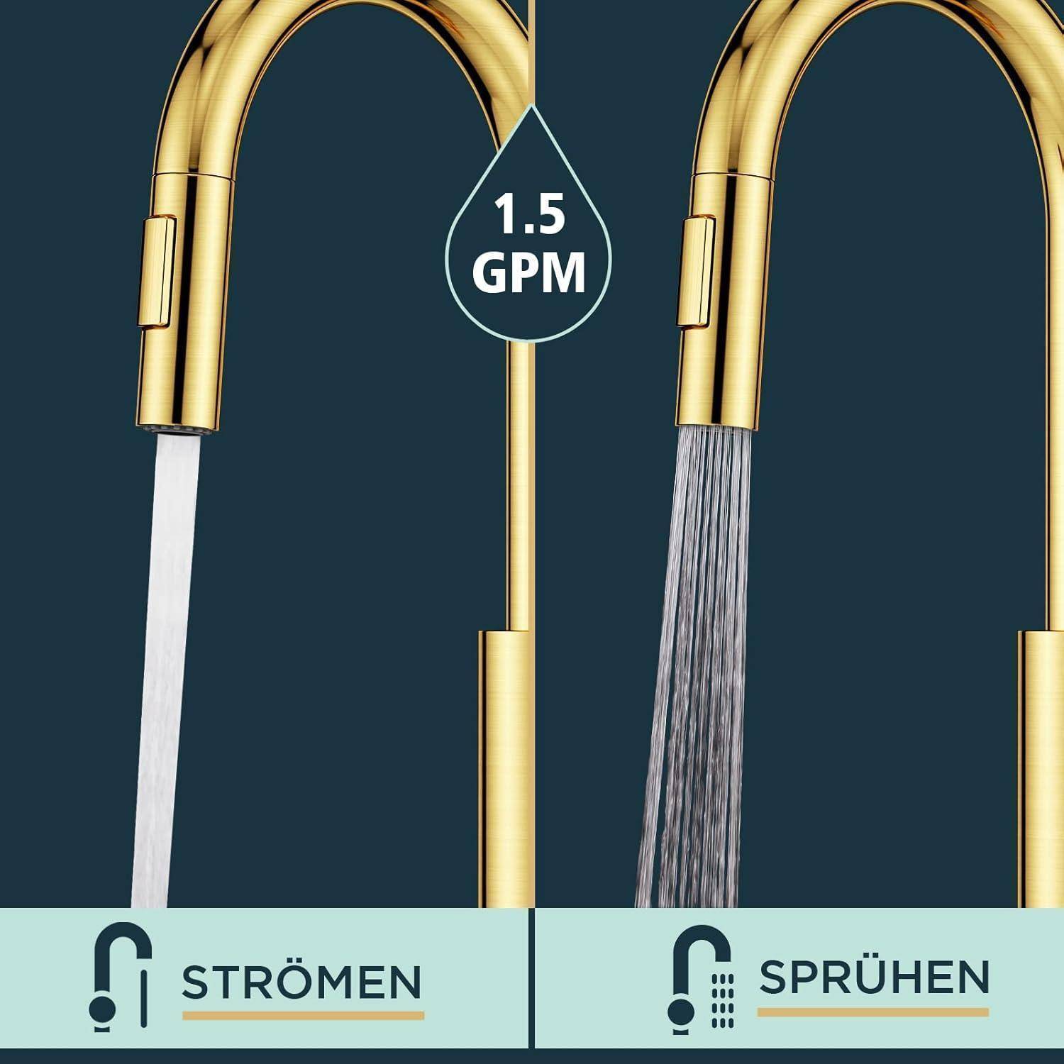 Zwei goldene Wasserhähne in der Küche, die Wasserflussoptionen veranschaulichen: Der linke Hahn fließt mit 1,5 Gallonen pro Minute, der rechte Hahn zeigt den Sprühmodus.