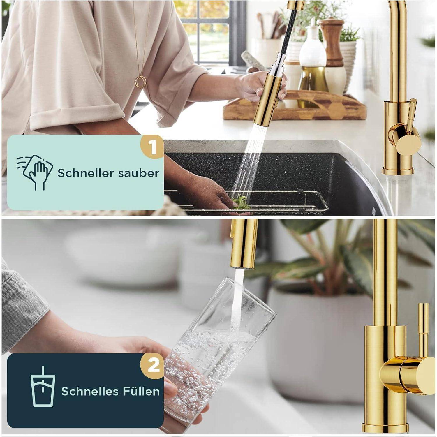 Ein Küchenarmatur mit Goldbeschichtung; oben zeigt fließendes Wasser, das ein Waschbecken reinigt, mit der Beschriftung „Schneller sauber.