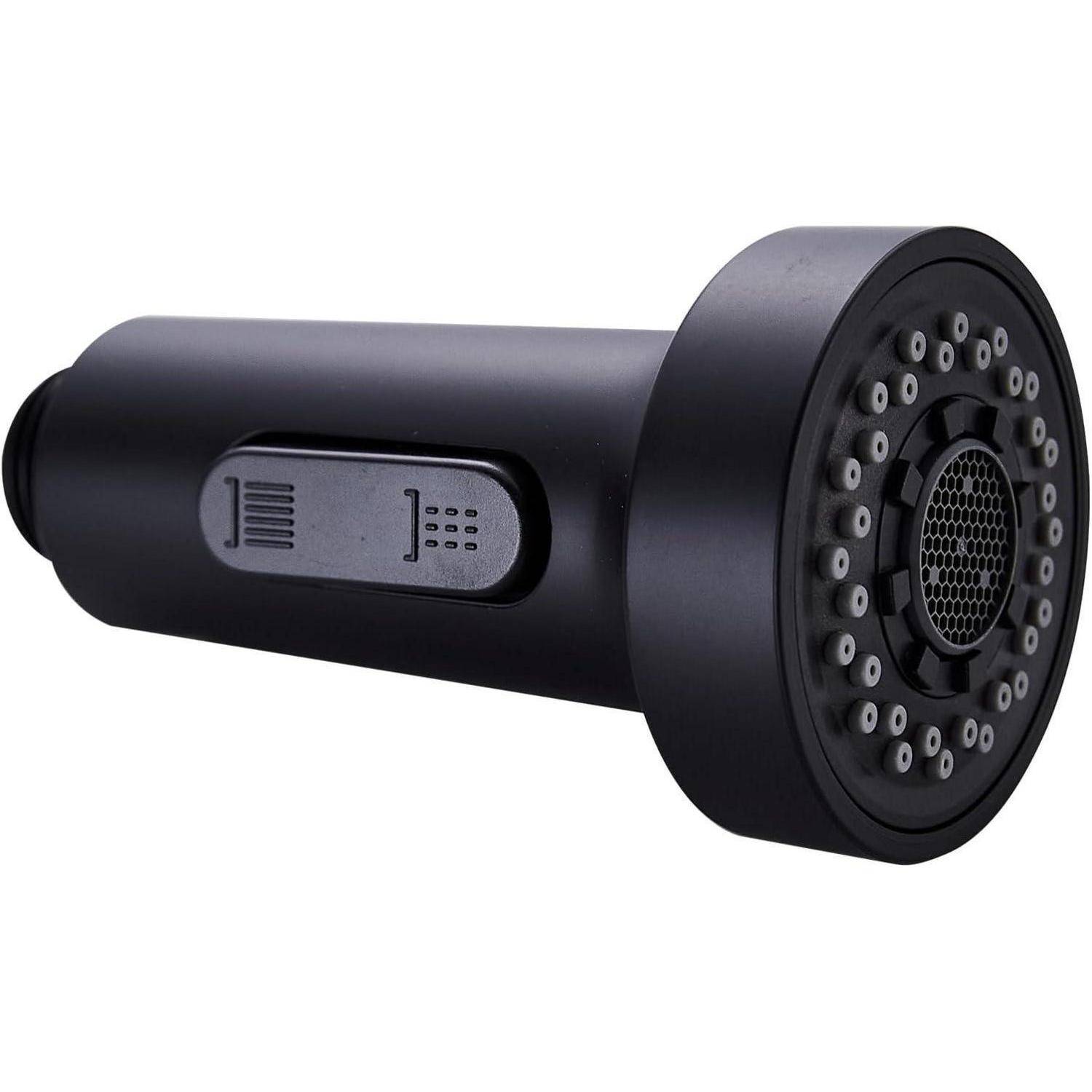 Schwarzer zylindrischer Brausekopf mit einer runden Oberfläche, die mehrere Löcher für den Wasserdurchfluss aufweist. Ein Knopf an der Seite steuert das Sprühmuster.