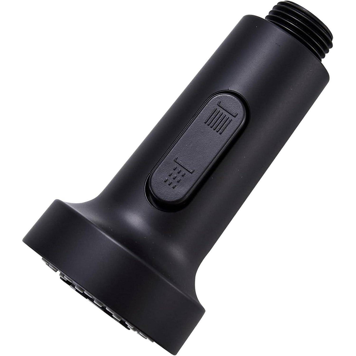 Eine schwarze Duschbrause mit zylindrischem Design, ausgestattet mit einem Knopf und strukturiertem Griff für einstellbare Wasserstrahleinstellungen.