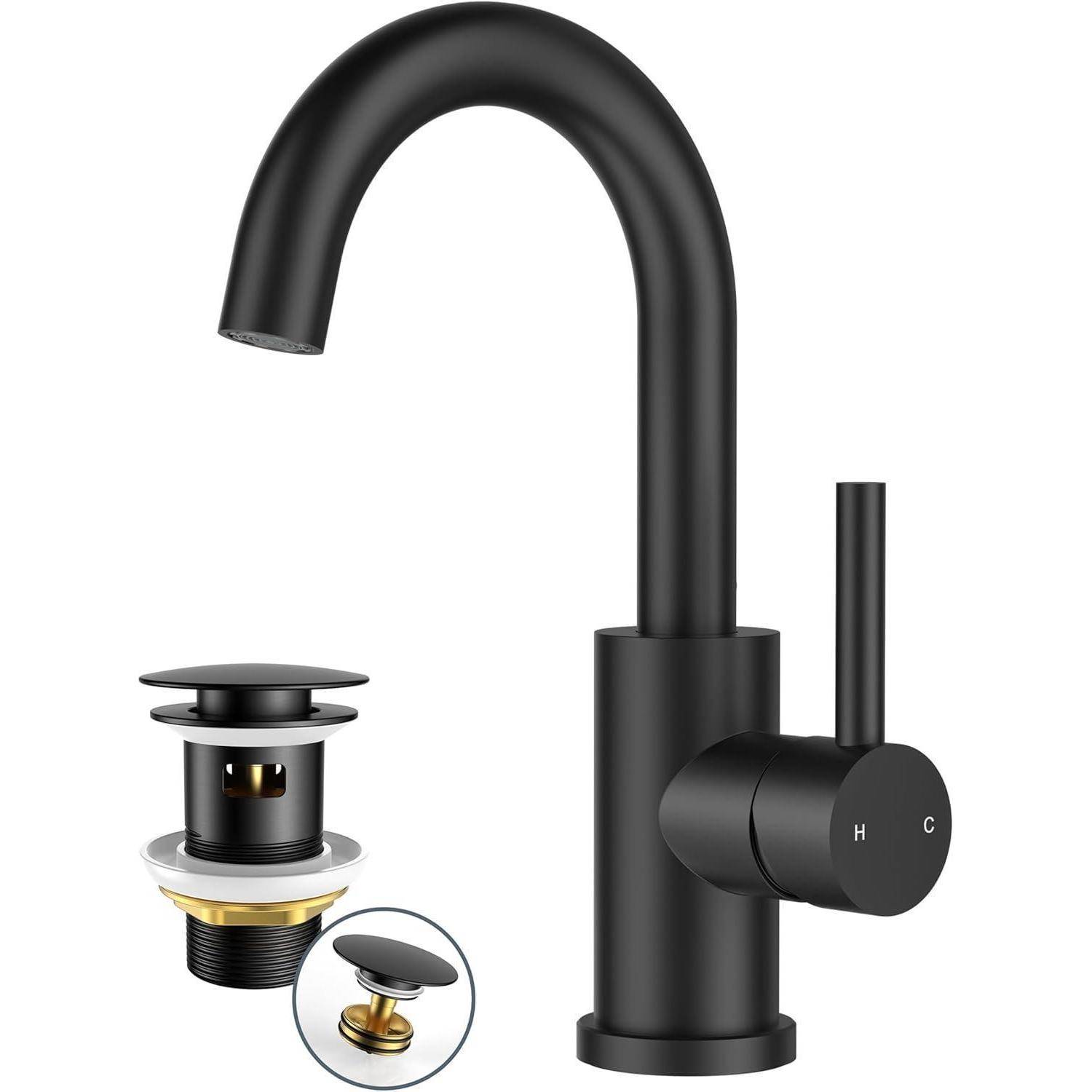 Schwarzer matter Badezimmer-Wasserhahn mit geschwungenem Auslauf und einzigem Hebelgriff, mit Beschriftung 'H' für heiß und 'C' für kalt, inklusive passender Pop-up-Ablaufgarnitur.