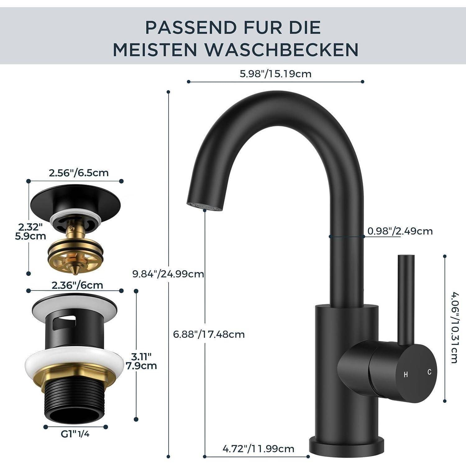 Eine Zeichnung, die einen schwarzen Wasserhahn mit Installationsmaßen zeigt. Enthält Maßangaben für den Auslauf, die Basis und die Armaturen in Zentimetern.