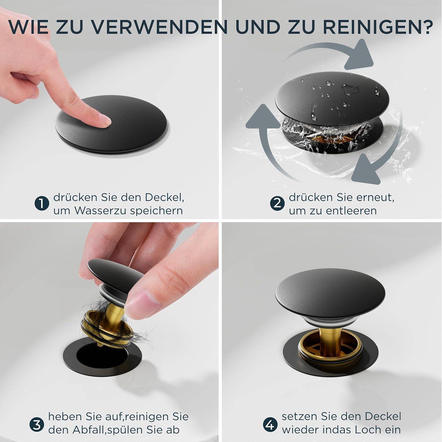 Das Bild enthält Anweisungen auf Deutsch zur Verwendung und Reinigung eines Ablaufdeckels. Schritte: 1) Drücken zum Wasserspeichern, 2) Drücken zum Ablassen, 3) Anheben zum Reinigen, 4) Deckel ersetzen.