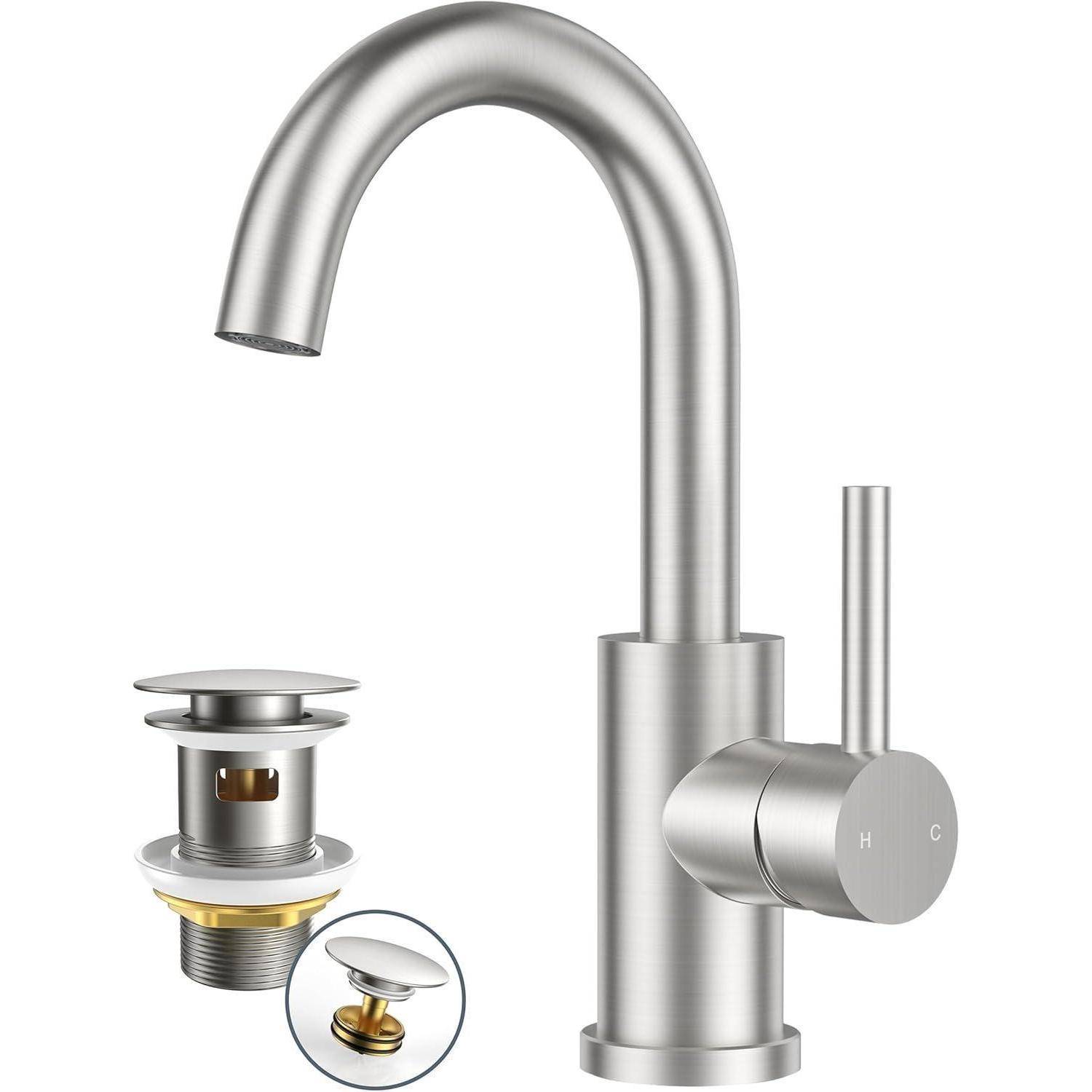 Ein gebürsteter Nickel-Badezimmer-Wasserhahn mit hohem Bogenauslauf und Einhandgriff, daneben ein Metallablaufventil mit Überlaufvorrichtung.
