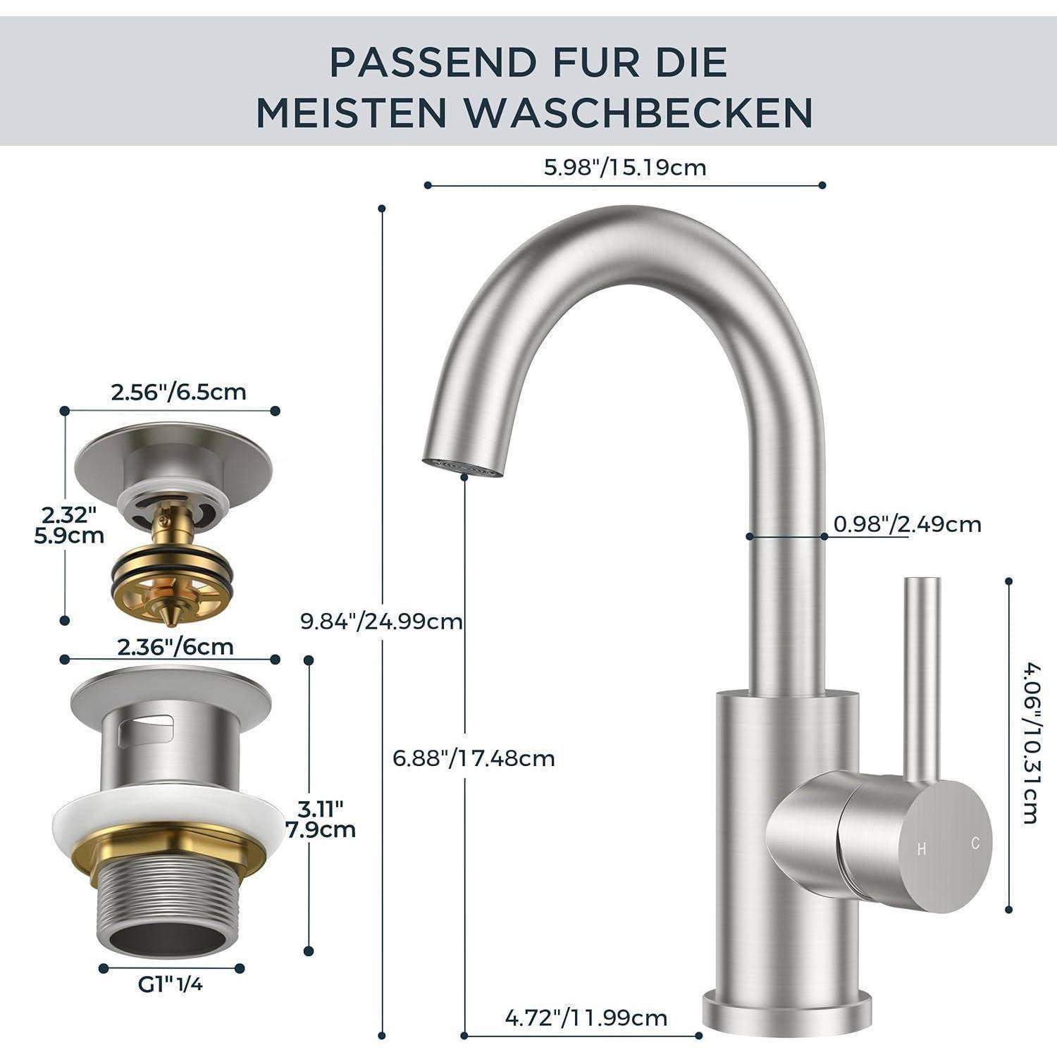 Eine Skizze, die eine metallische Badezimmer-Armatur und Ablaufgarnitur mit Abmessungen zeigt: Armaturhöhe 10,31 Zoll, Auslauflänge 4,72 Zoll.