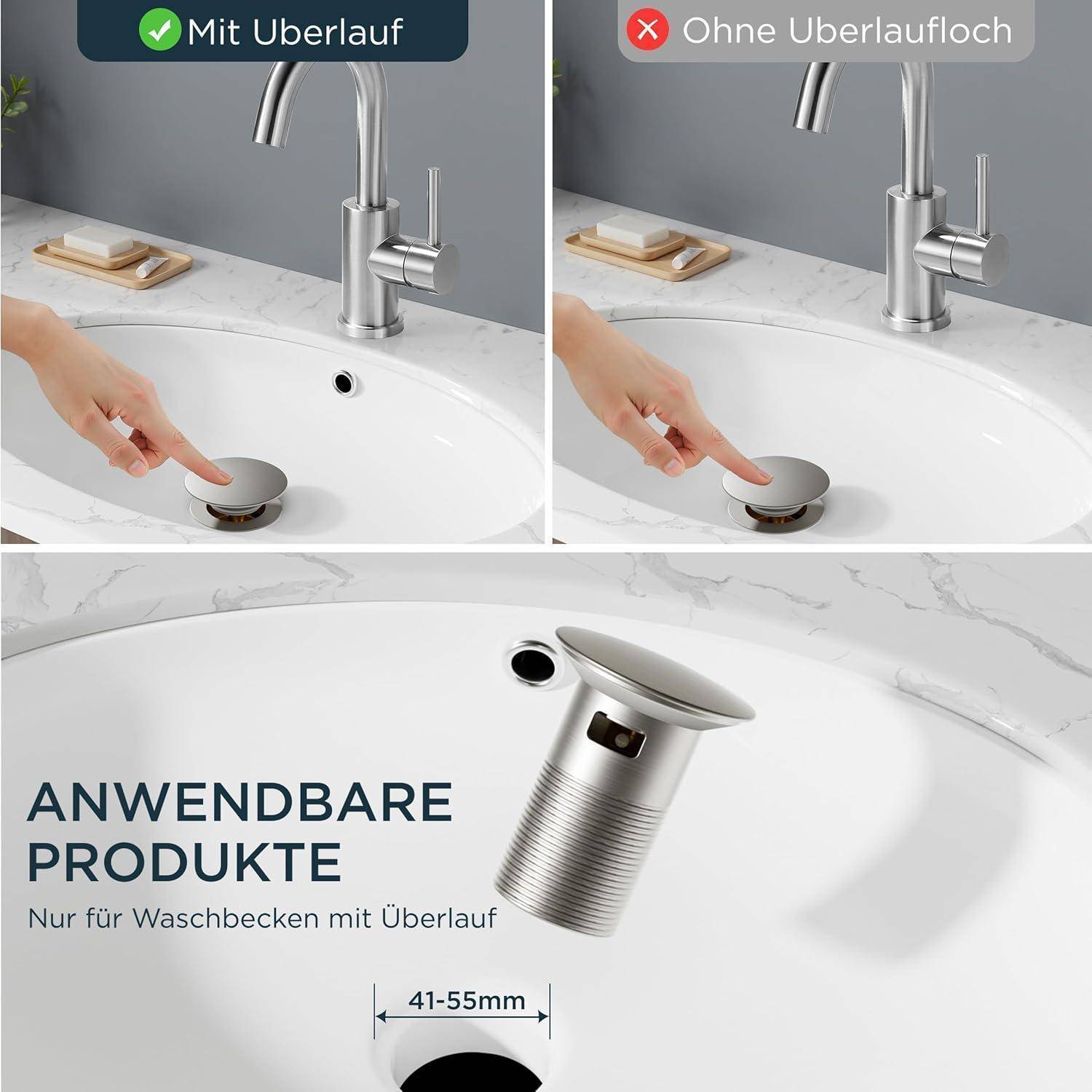 Zwei Bilder vergleichen Waschbecken mit und ohne Überlauflöcher. Der Text lautet 